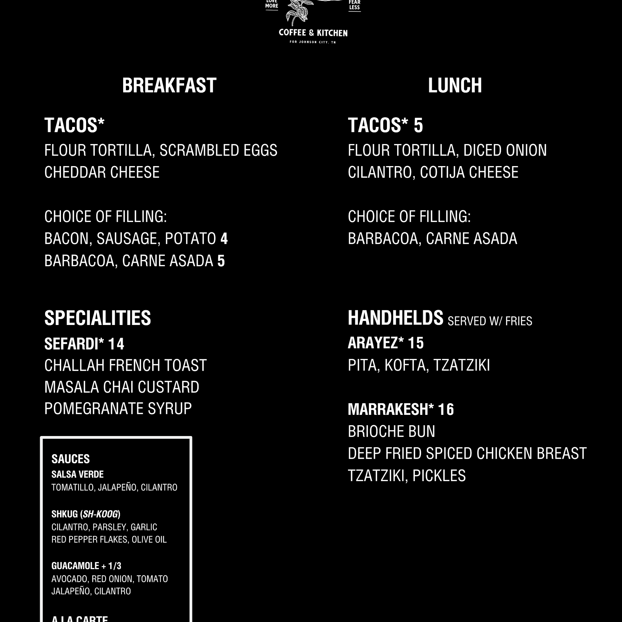 Fearless Coffee & Kitchen Menu