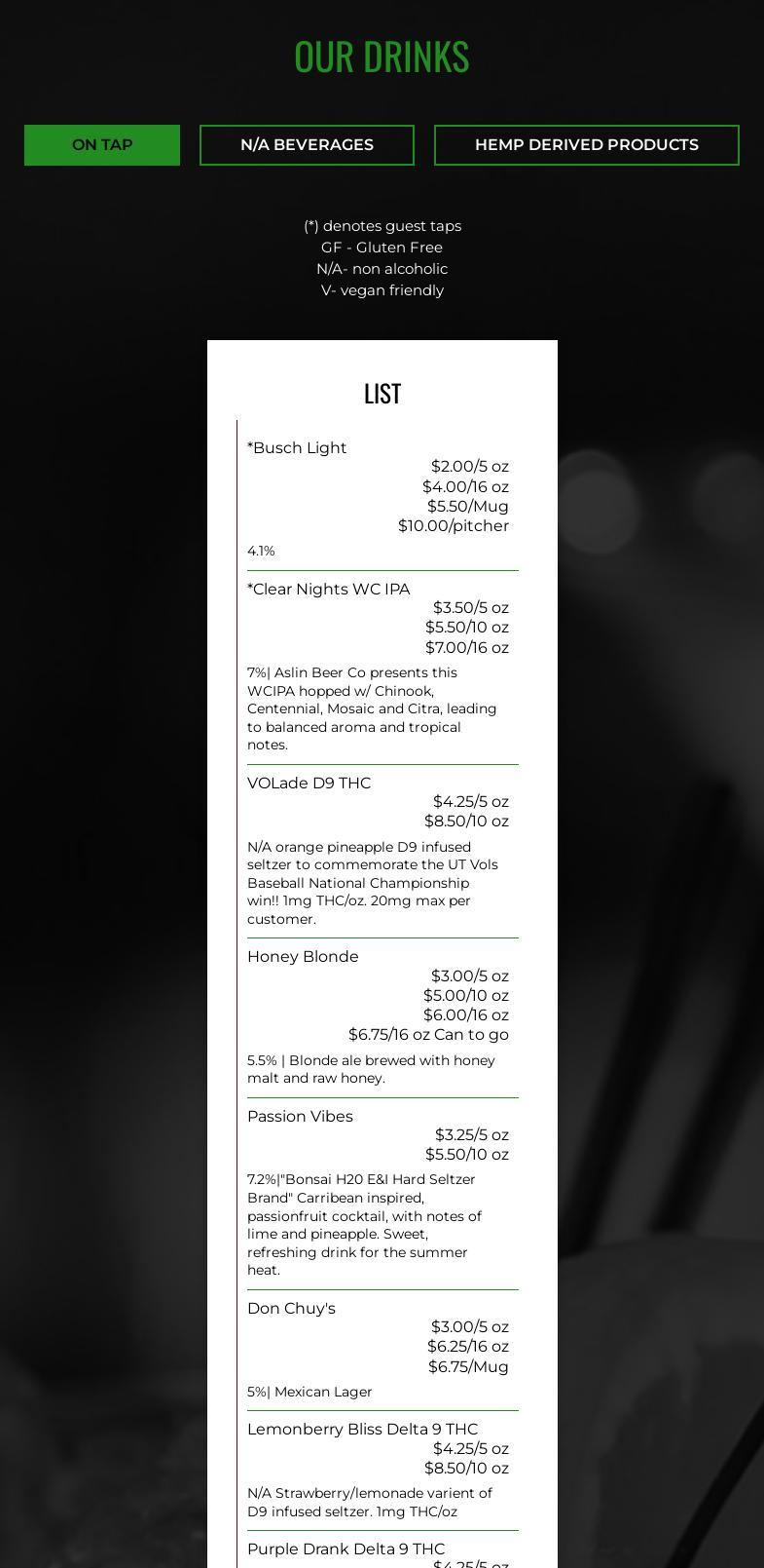 Ebony & Ivory Brewing Menu