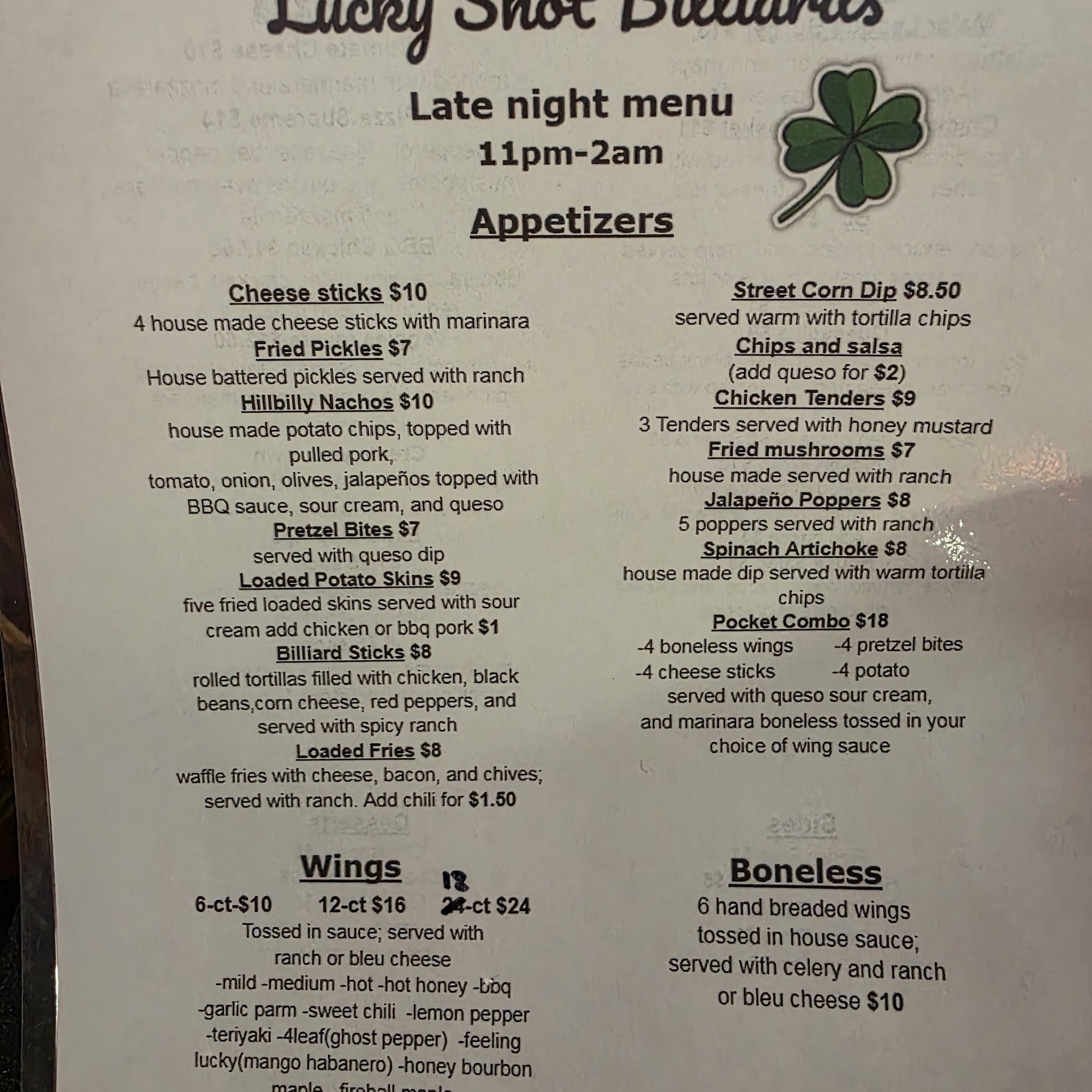 Lucky Shot Billiards Menu
