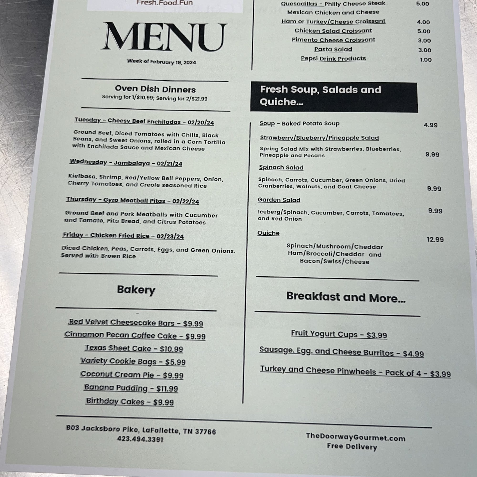 The Doorway Gourmet Menu