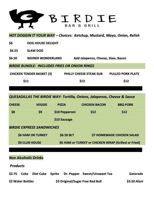 The Birdie Bar & Grill Menu
