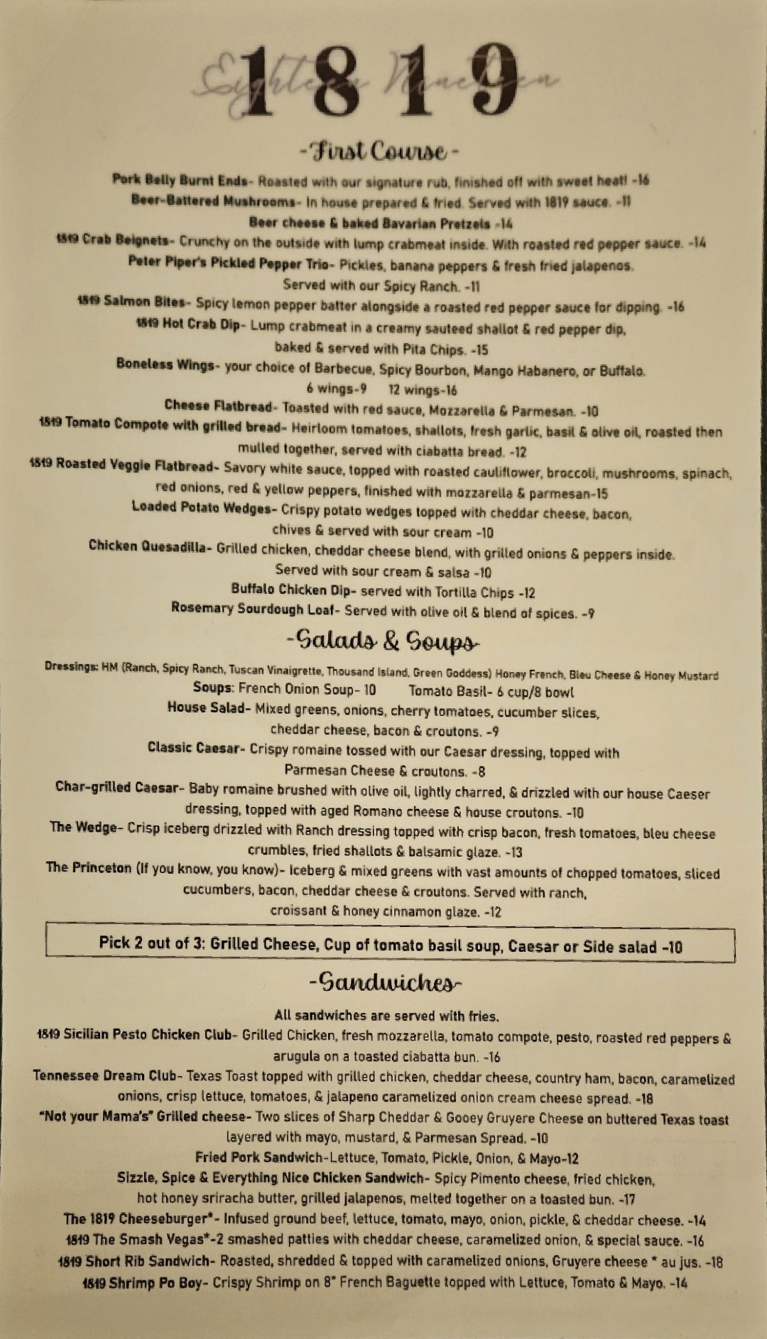 1819 The Restaurant Menu