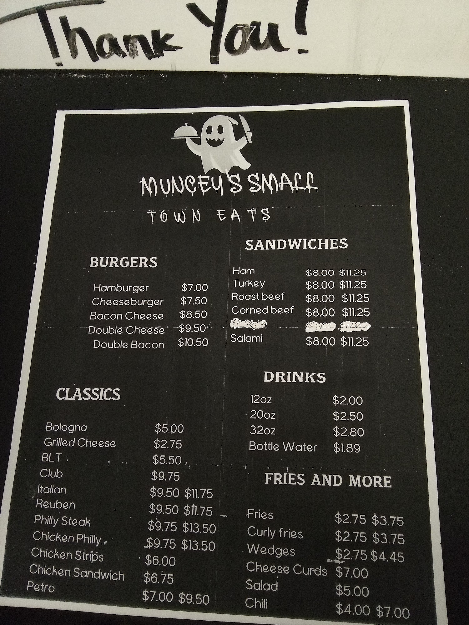 Muncey's small town eats Menu