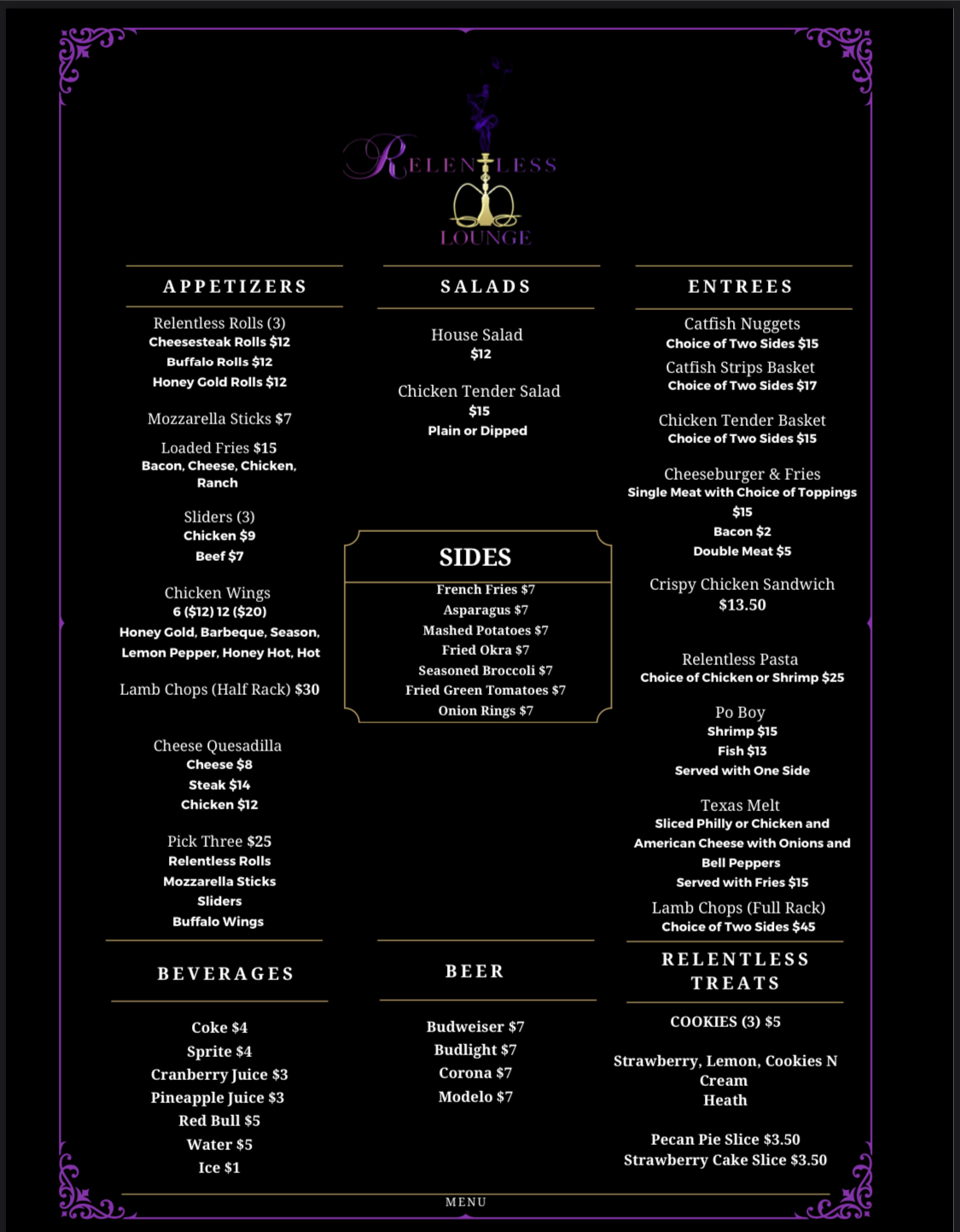 Relentless Hookah Lounge Menu