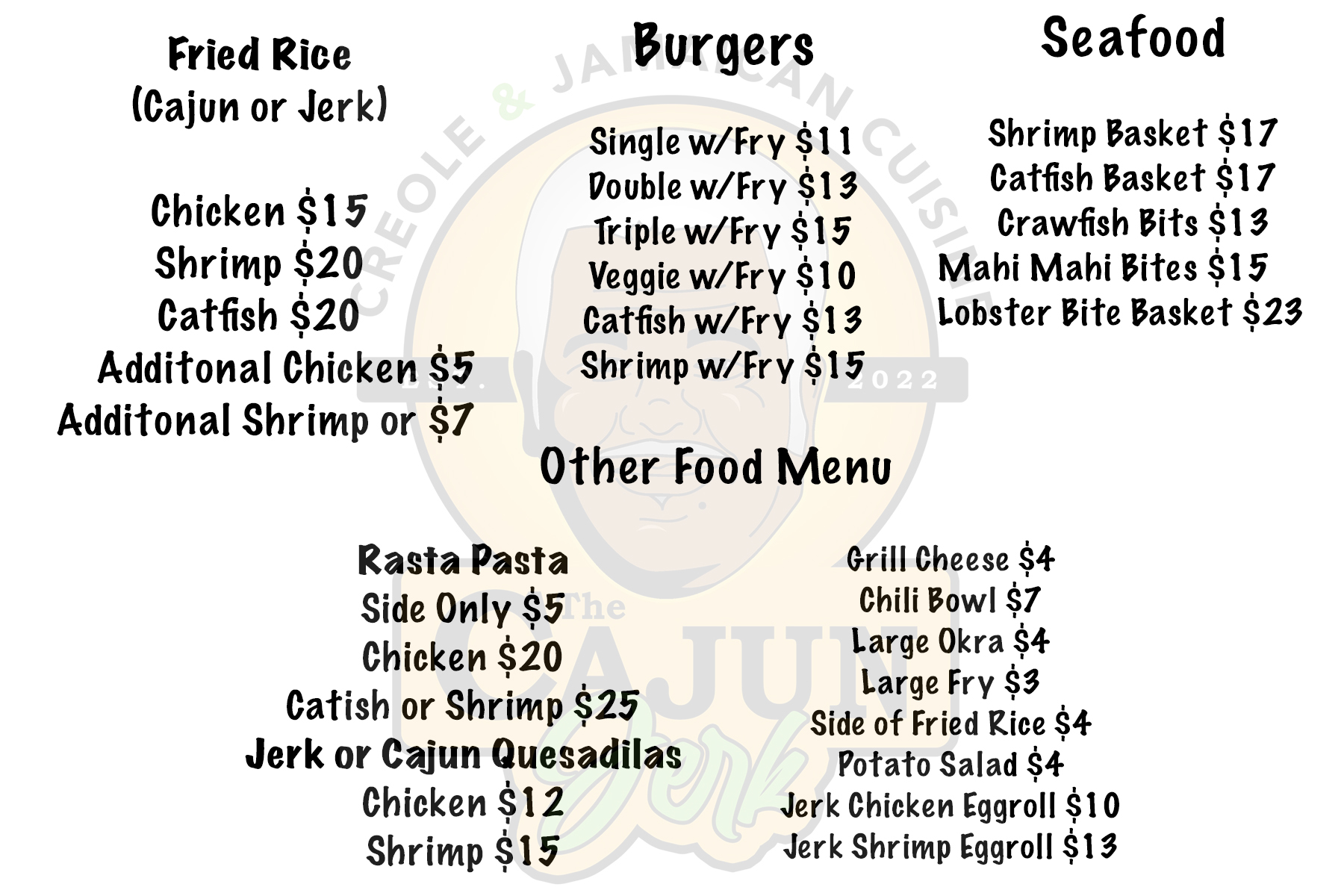 The Cajun Jerk Menu