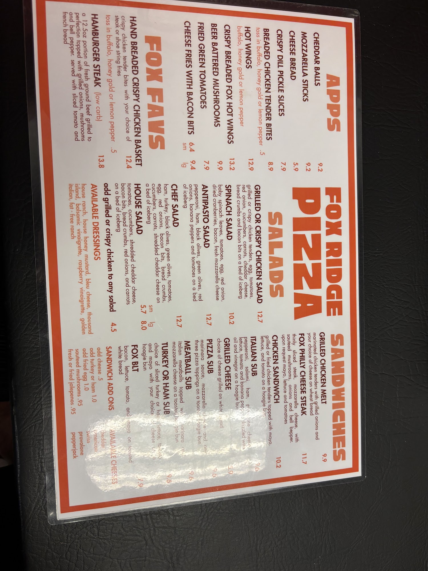 Fox Ridge Pizza Menu