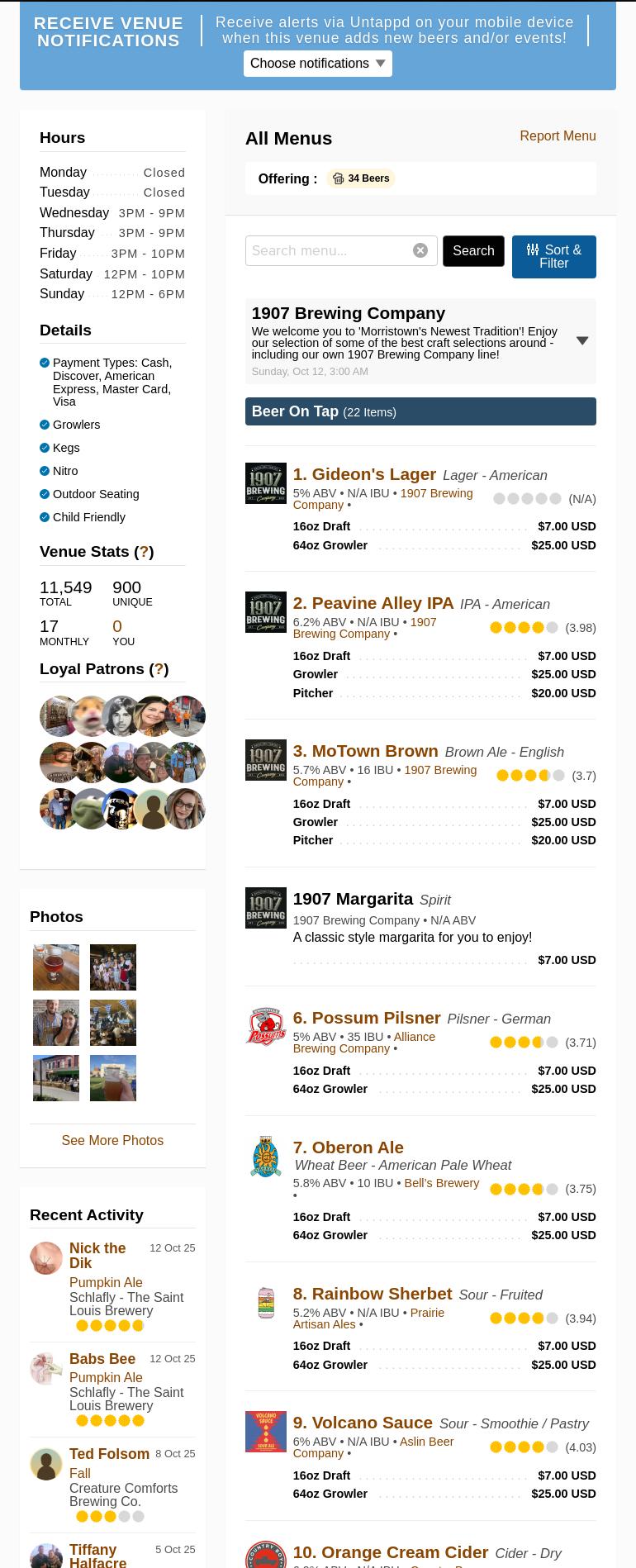 1907 Brewing Company Menu