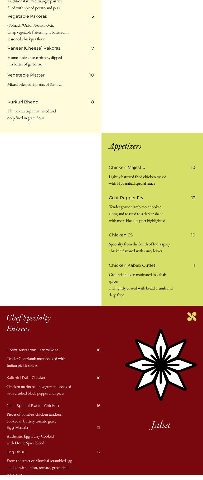 Jalsa Indian kitchen Menu