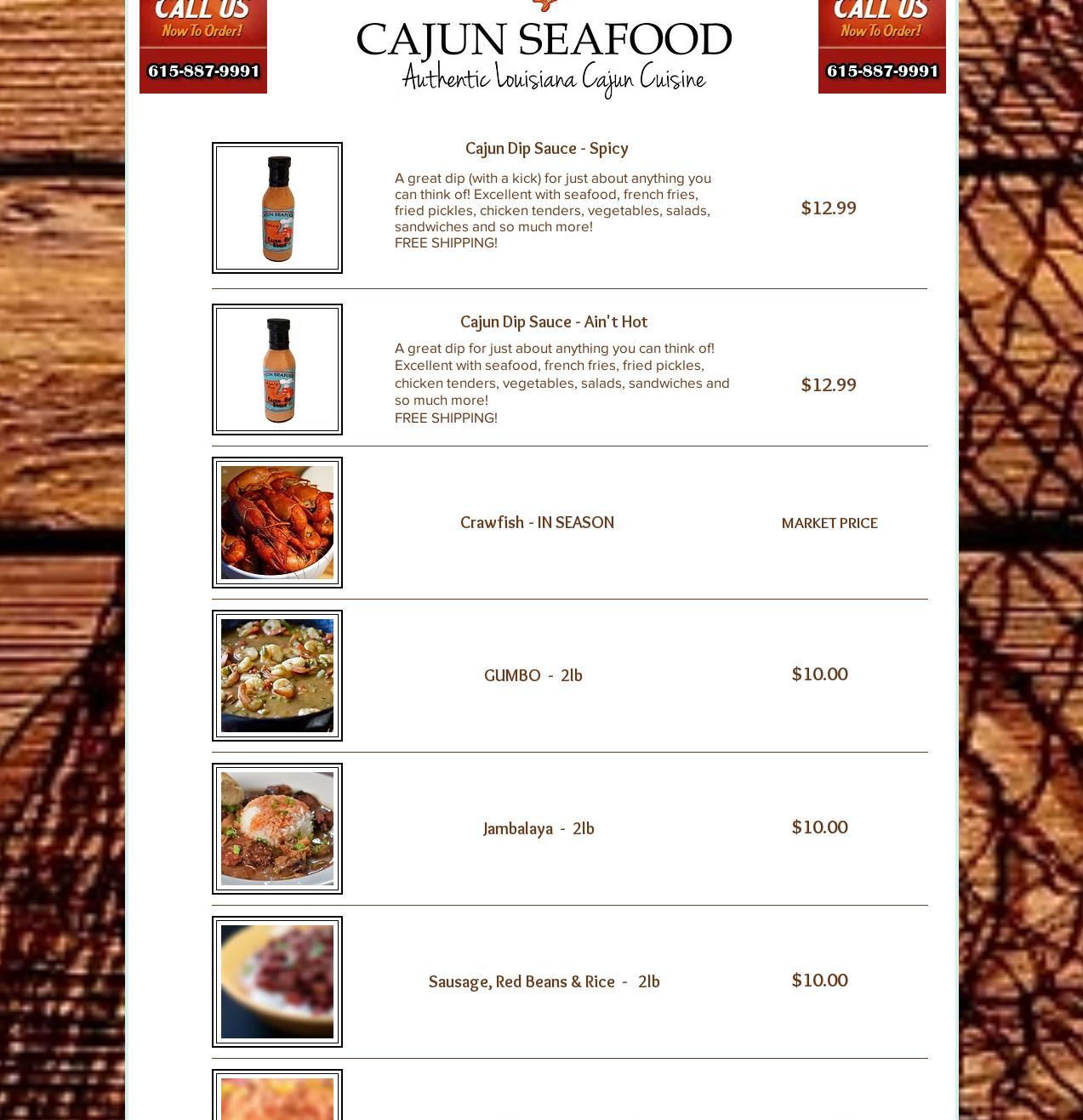 Cajun Seafood Menu