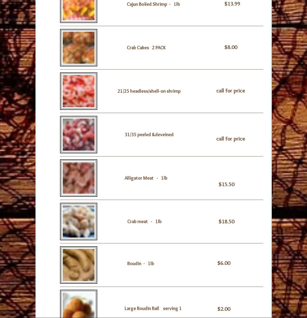 Cajun Seafood Menu