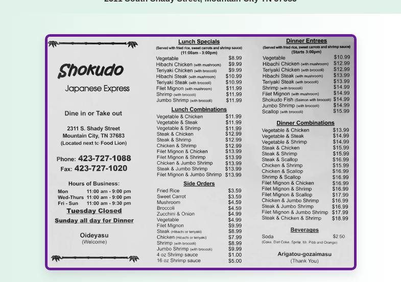 Shokudo Express Menu