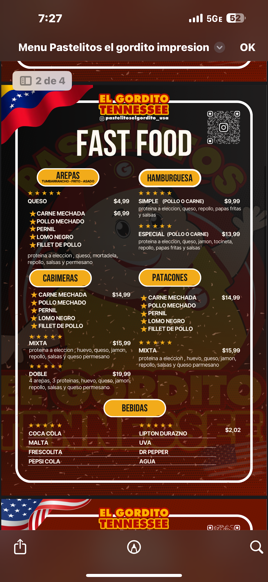 Pastelitos El gordito Menu