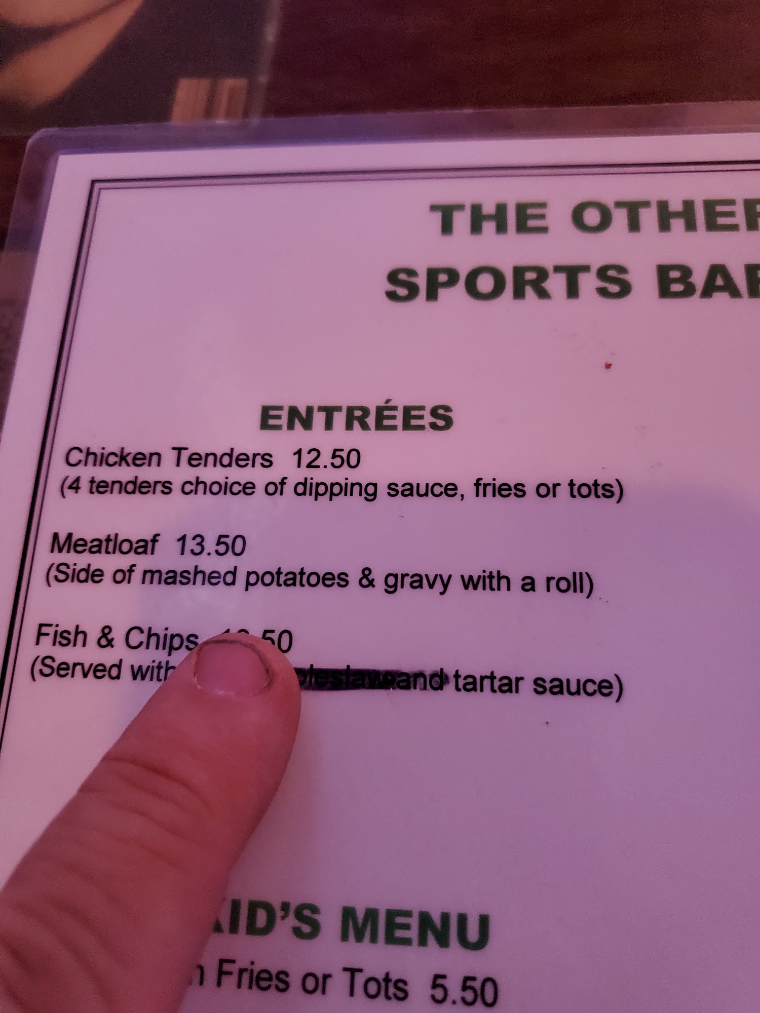 The Other Place Sports Bar And Grill Menu
