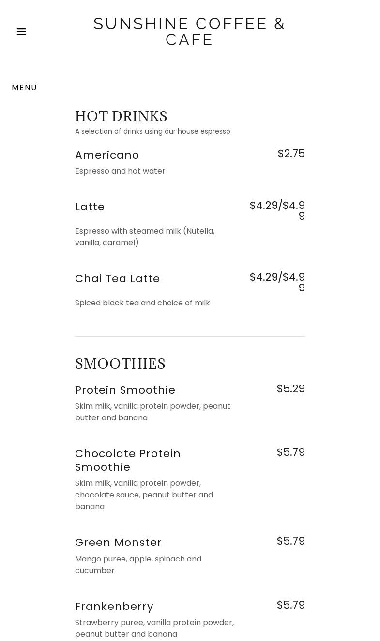 Sunshine Coffee & Cafe Menu