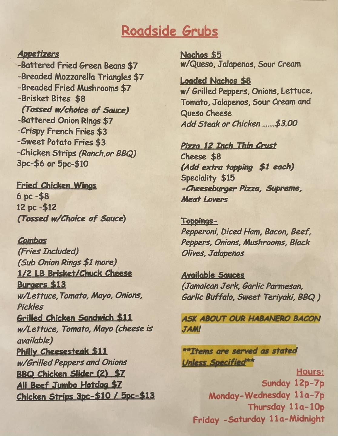 T-Bone's Menu