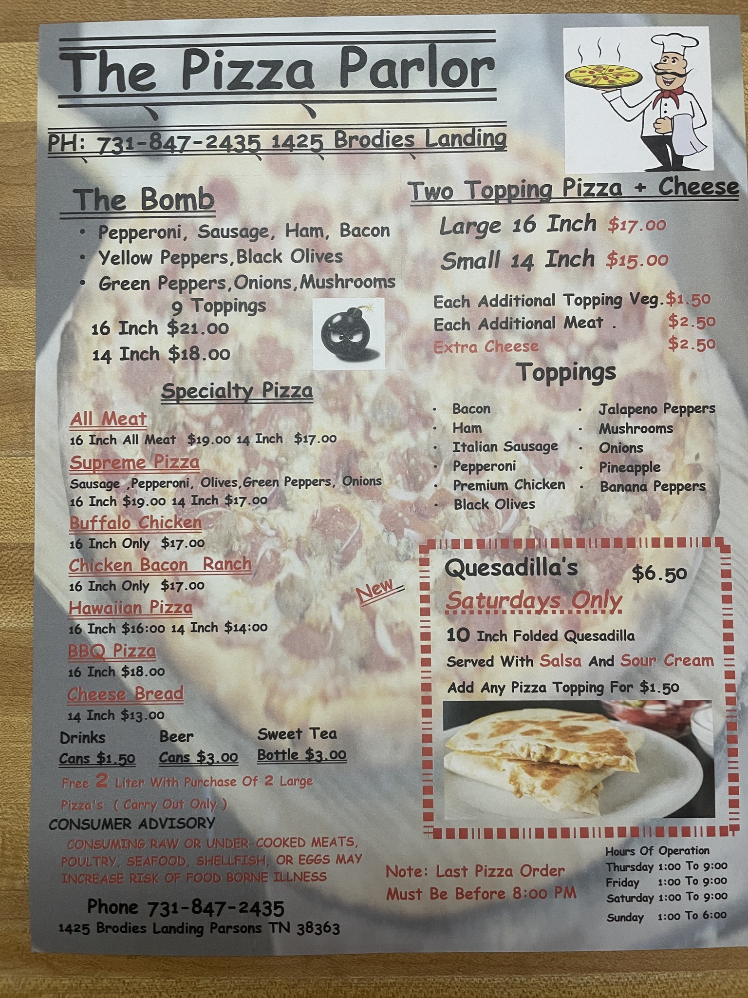 Brodies Pizza parlor Menu