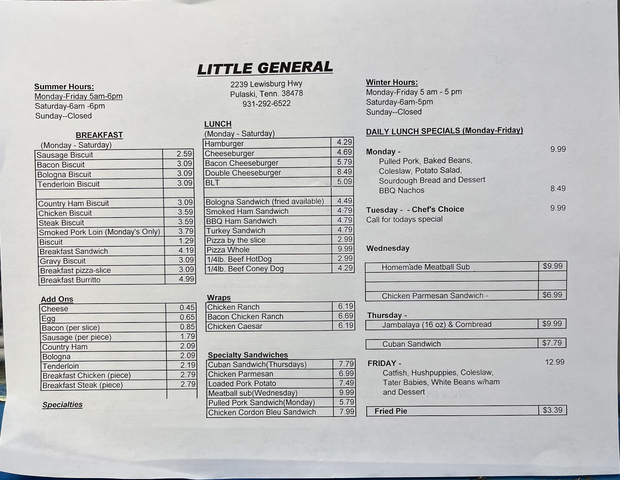 Little General Menu
