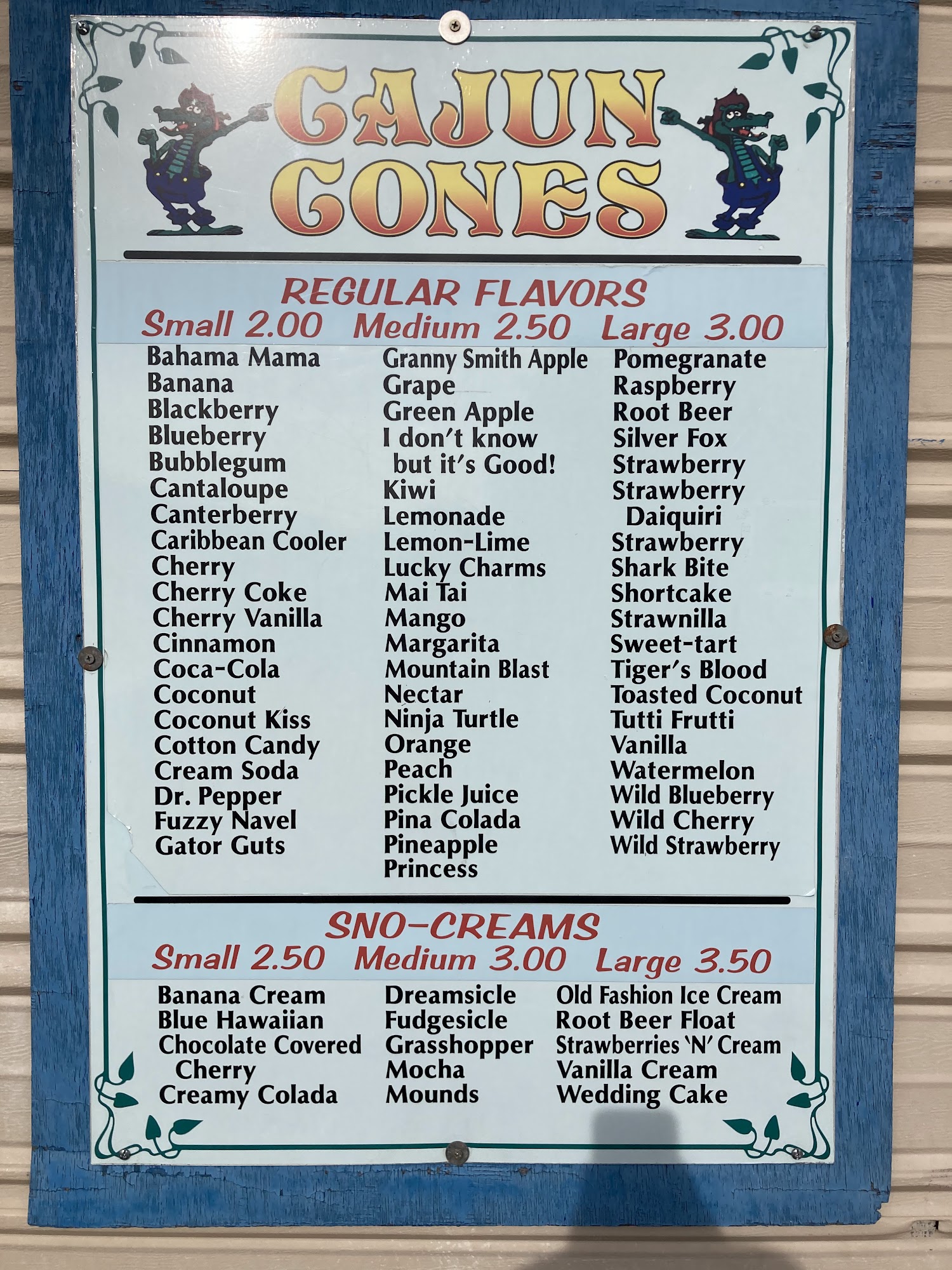 Cajun Cones Shaved Ice Menu