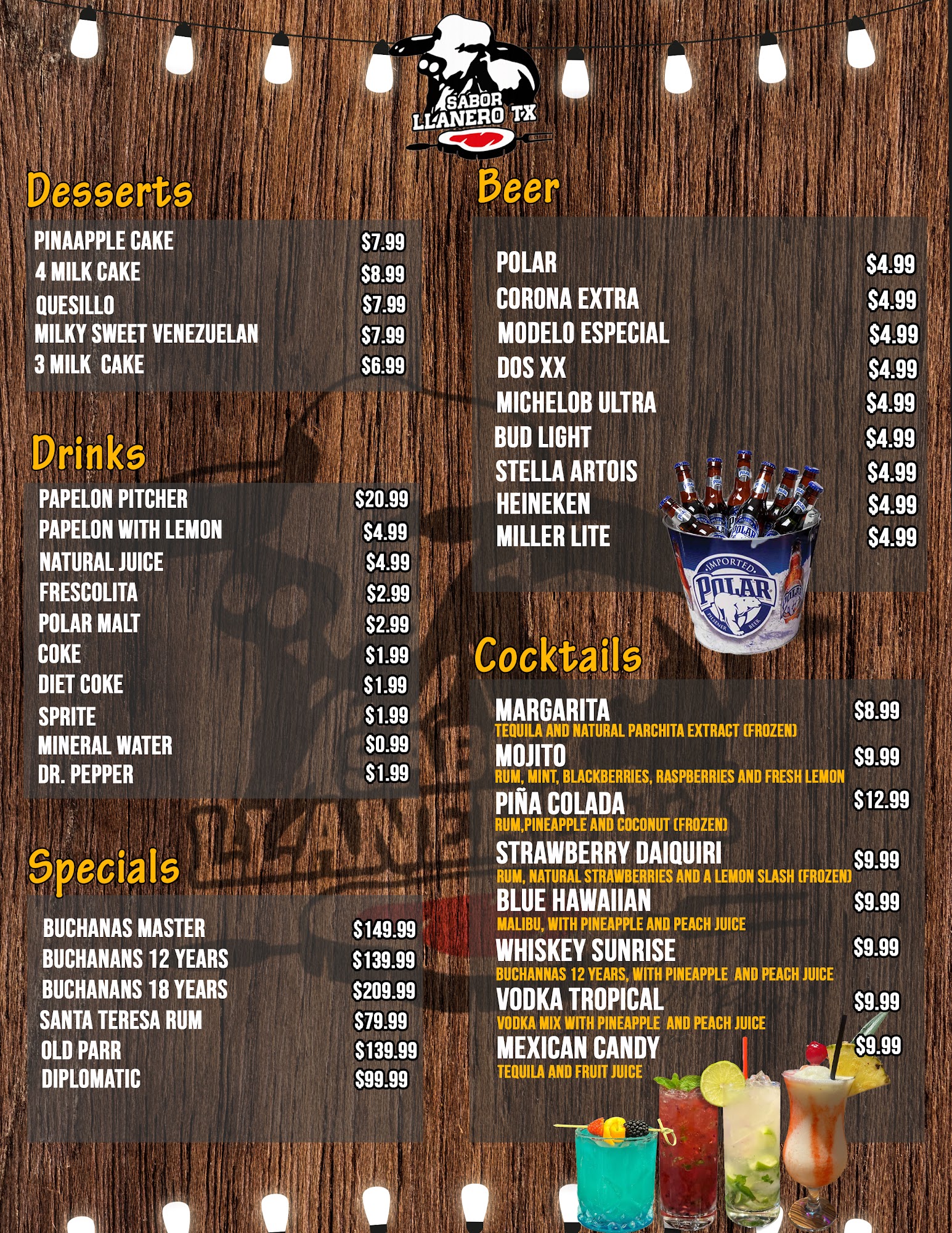 Sabor Llanero TX Menu