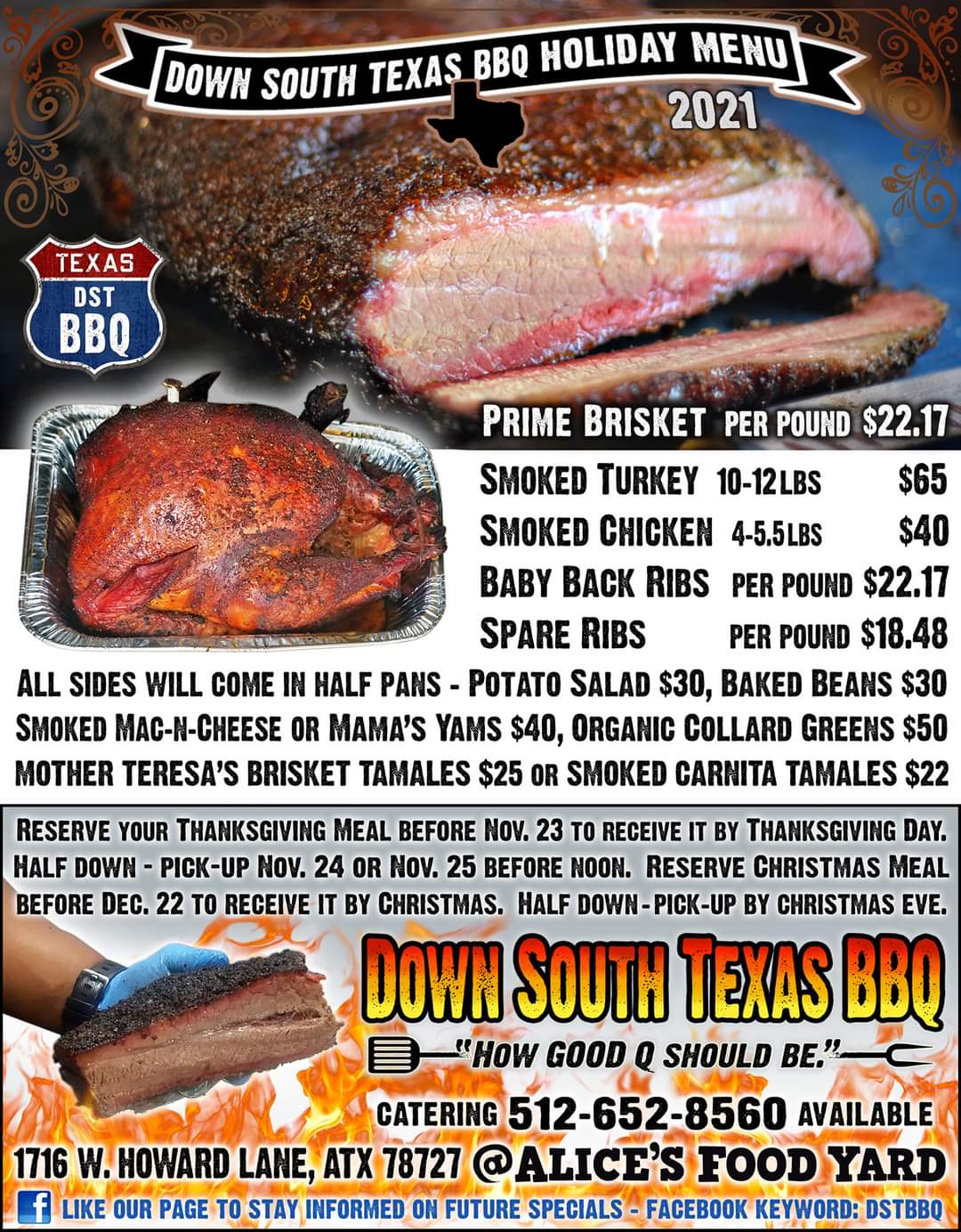 Down South Texas BBQ Menu