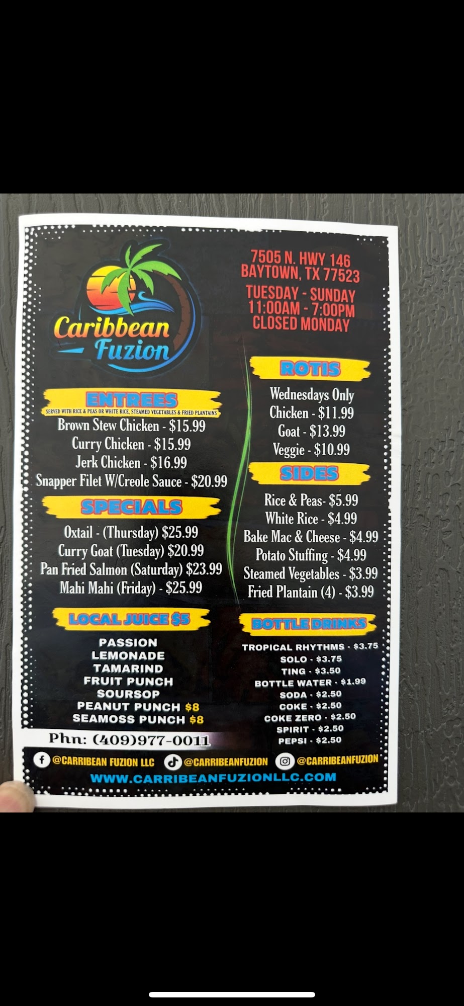 Caribbean Fuzion Menu