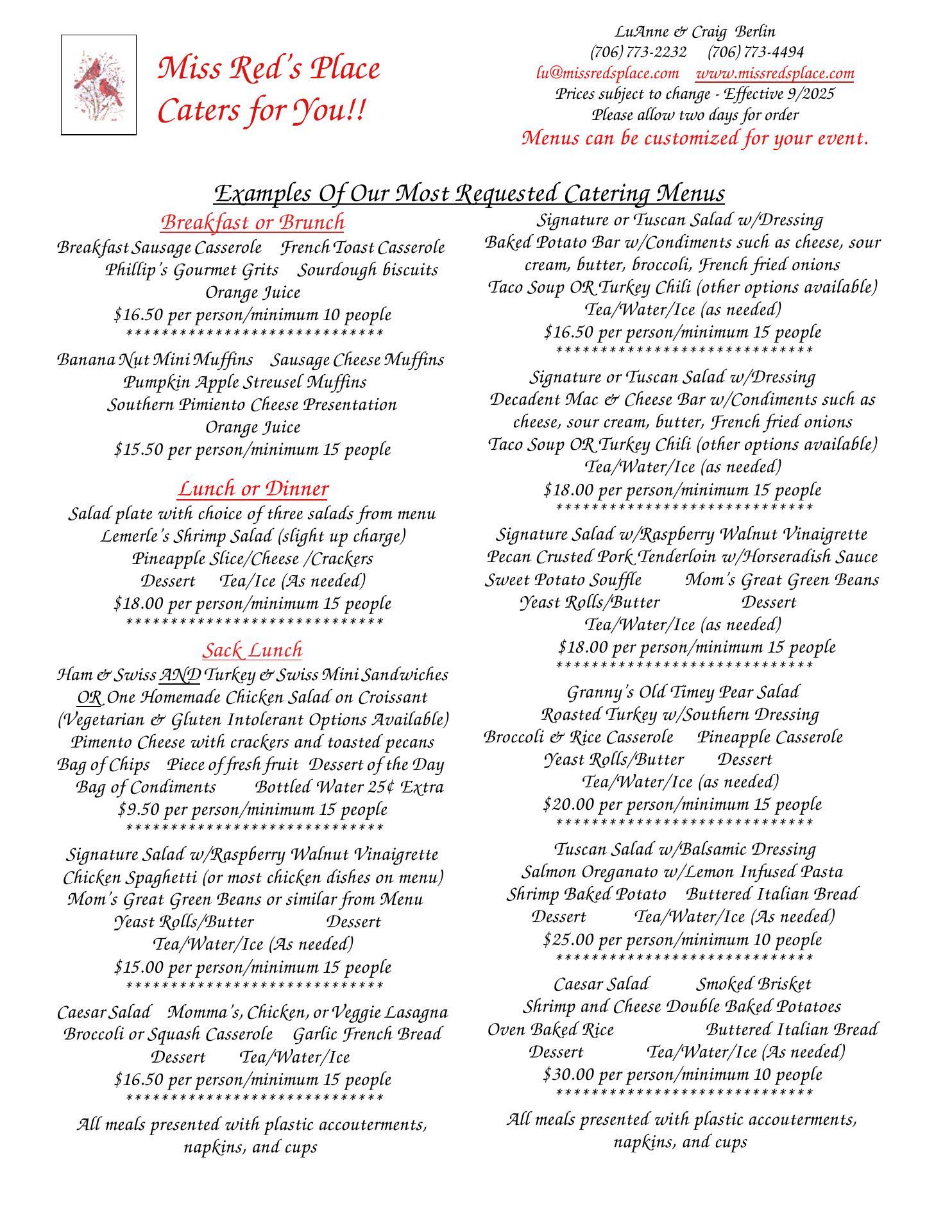 Miss Red's Place Menu