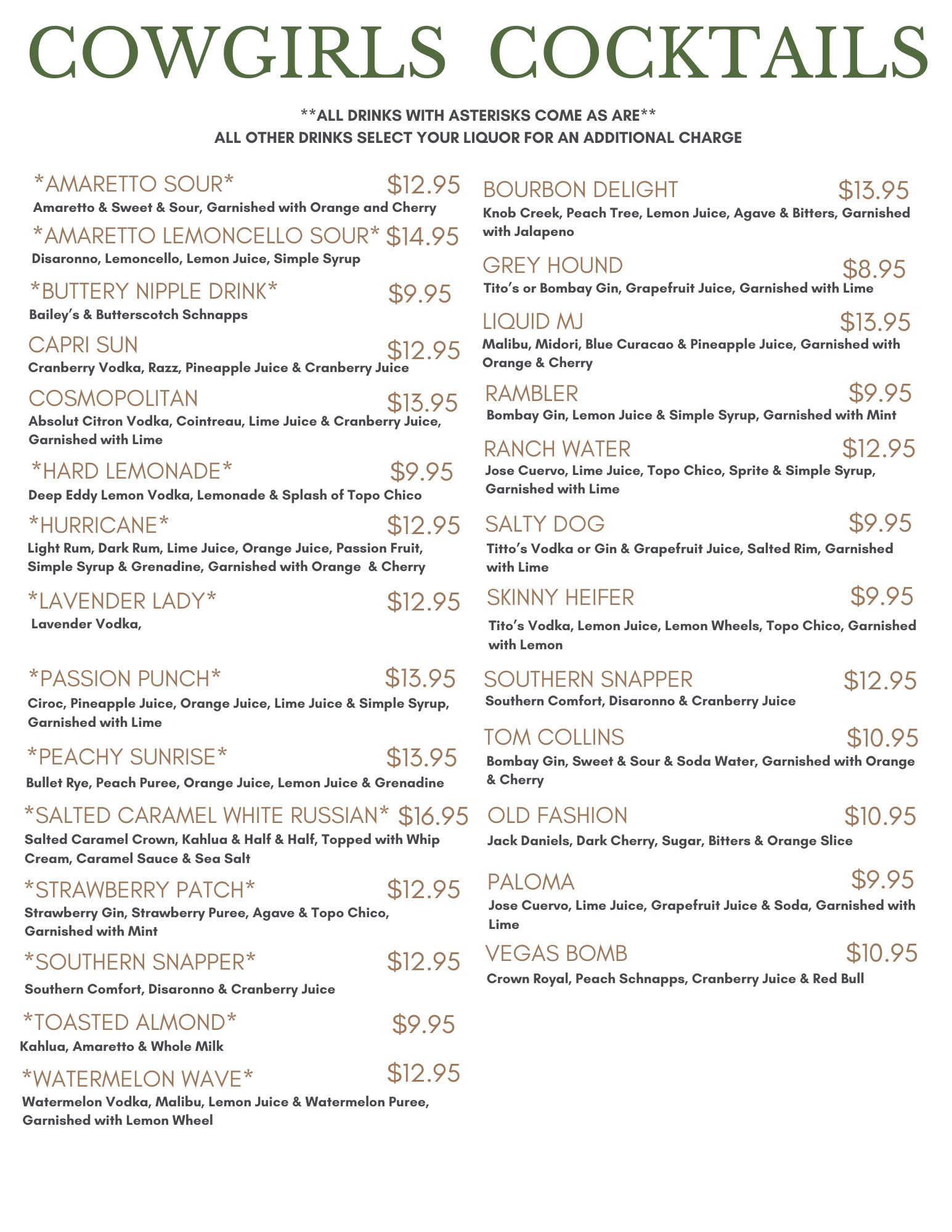 Cowgirls Tavern Menu