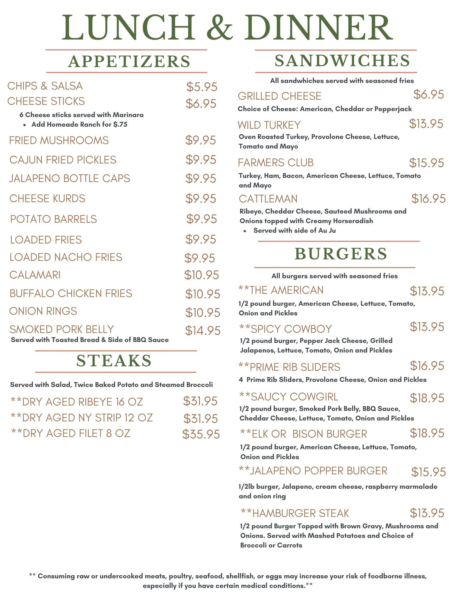 Cowgirls Tavern Menu
