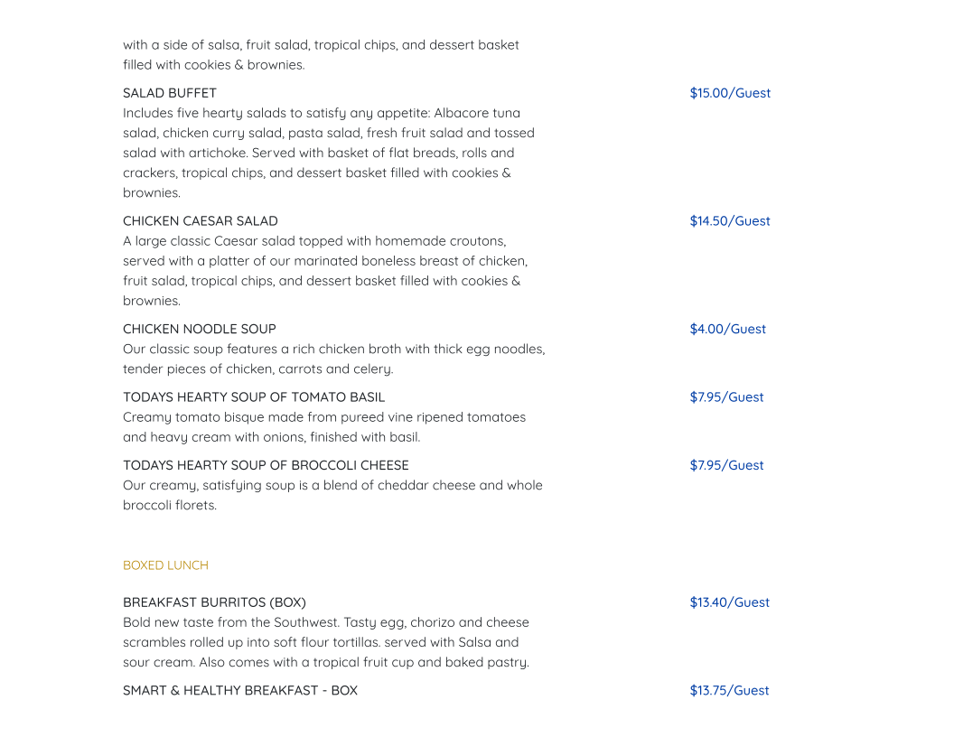 Corporate Caterers Menu