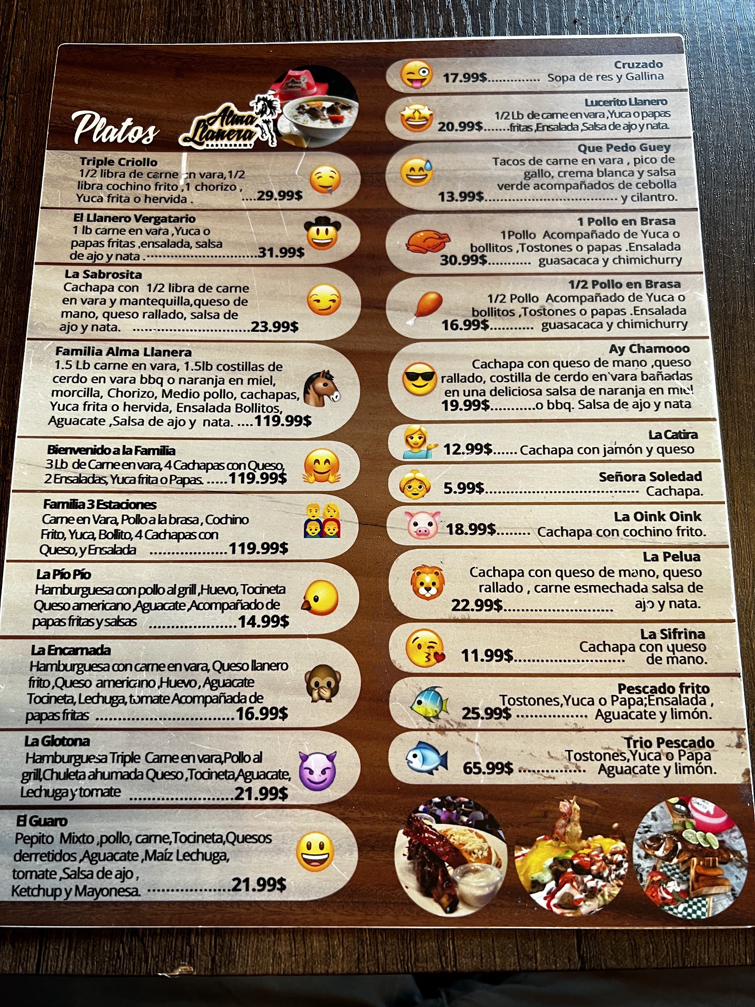 Alma Llanera Gastronomy Menu