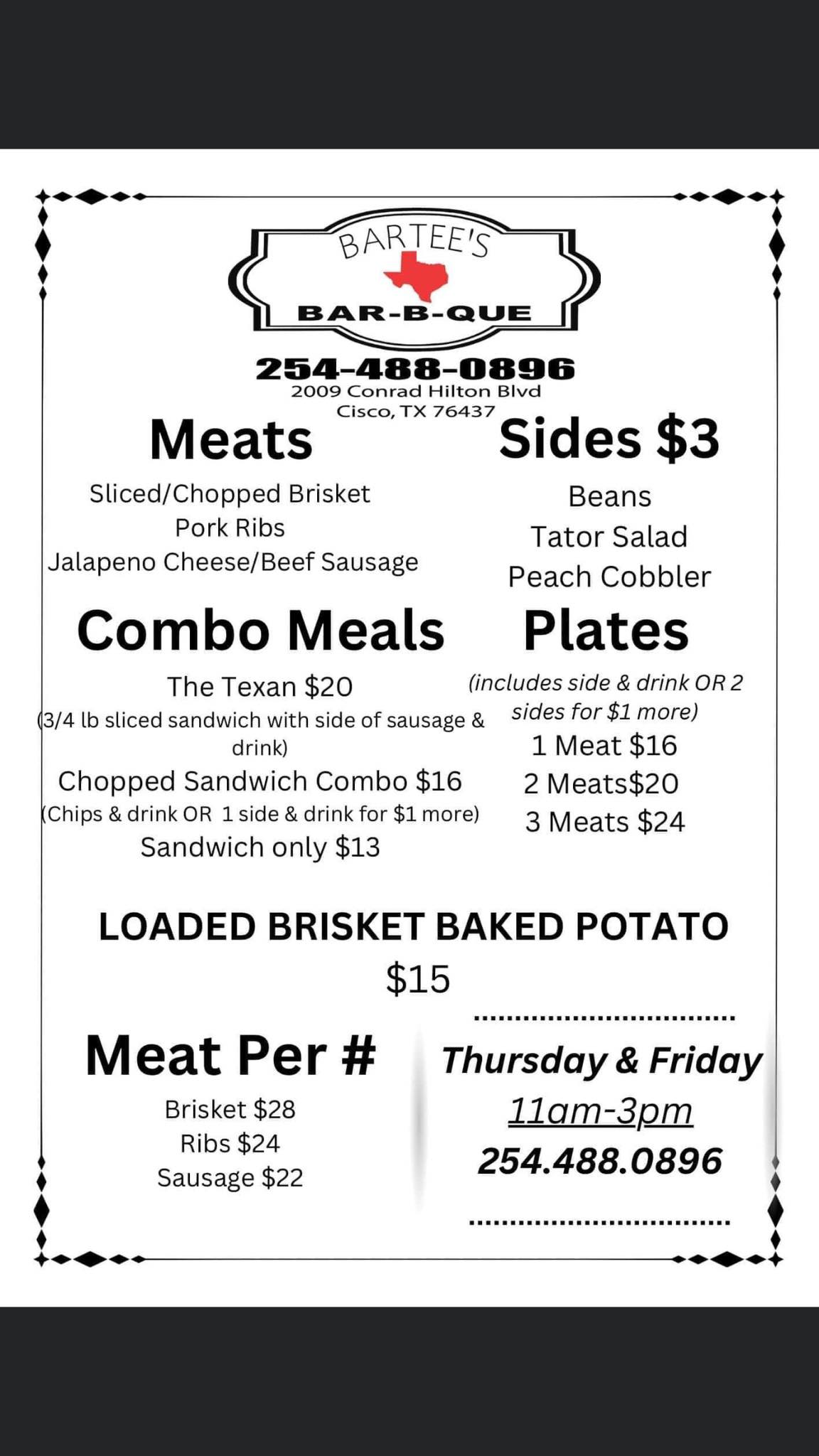 Bartee’s Bar-B-Que Menu