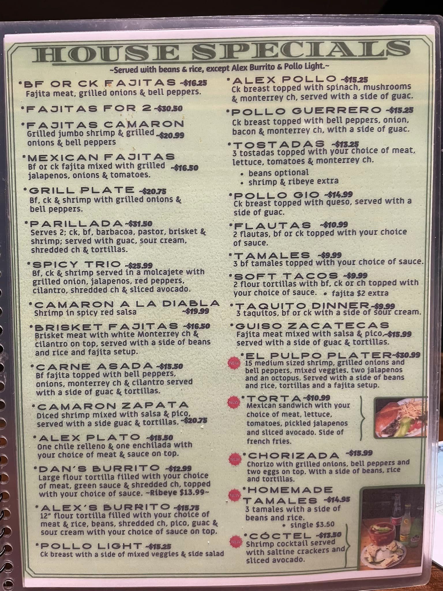 Alex's Mexican Kitchen Menu
