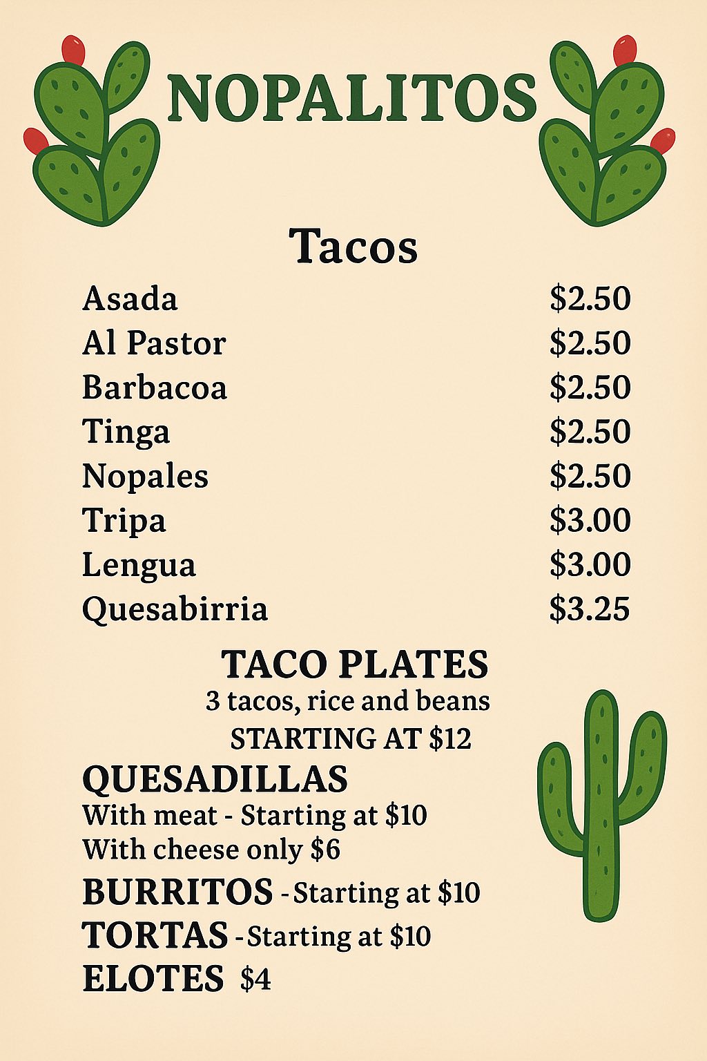 Nopalitos Taco Truck Menu