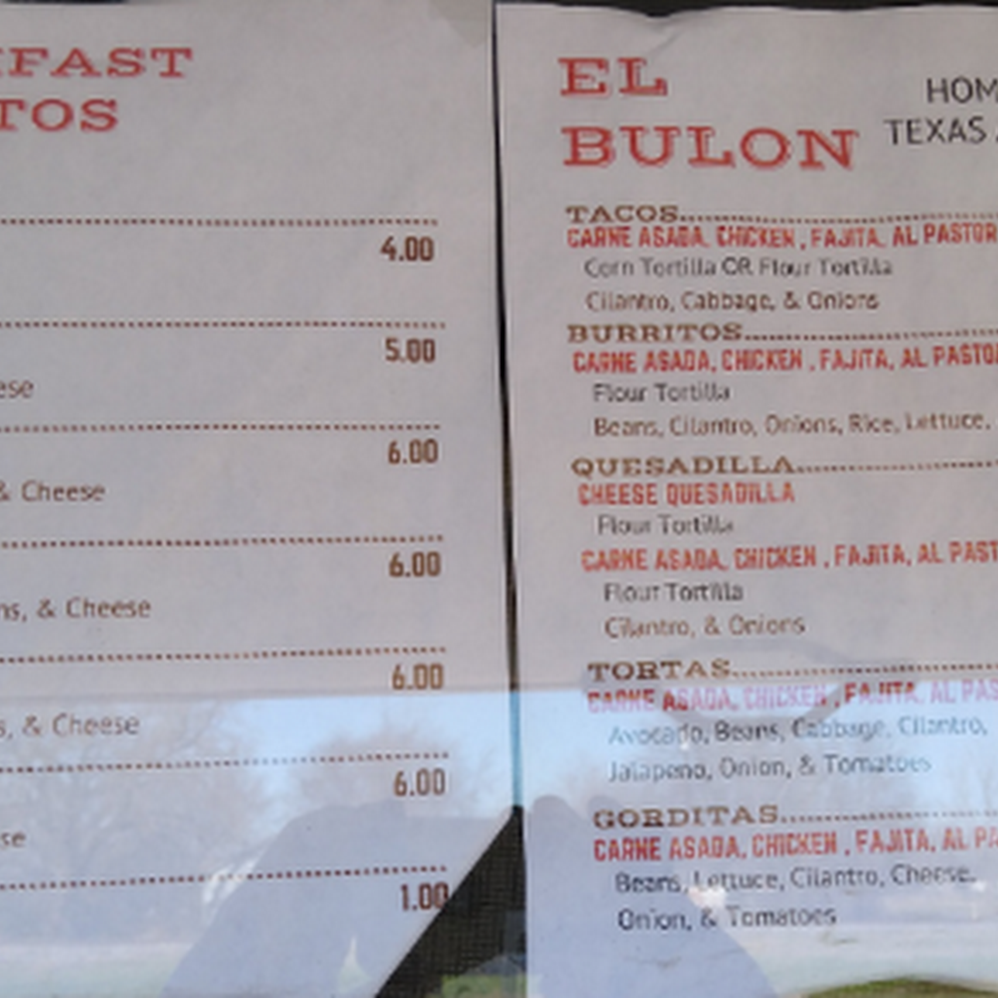 El Bulon Menu