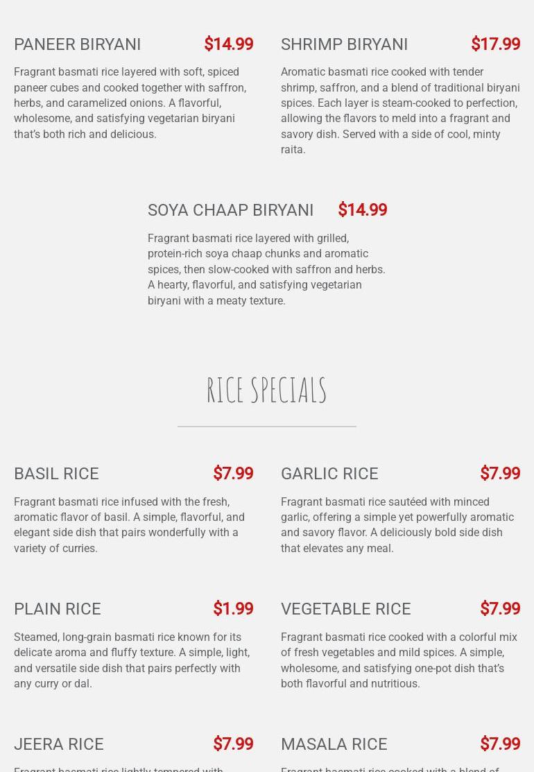 Silver Spoons - Indian Cuisine Menu