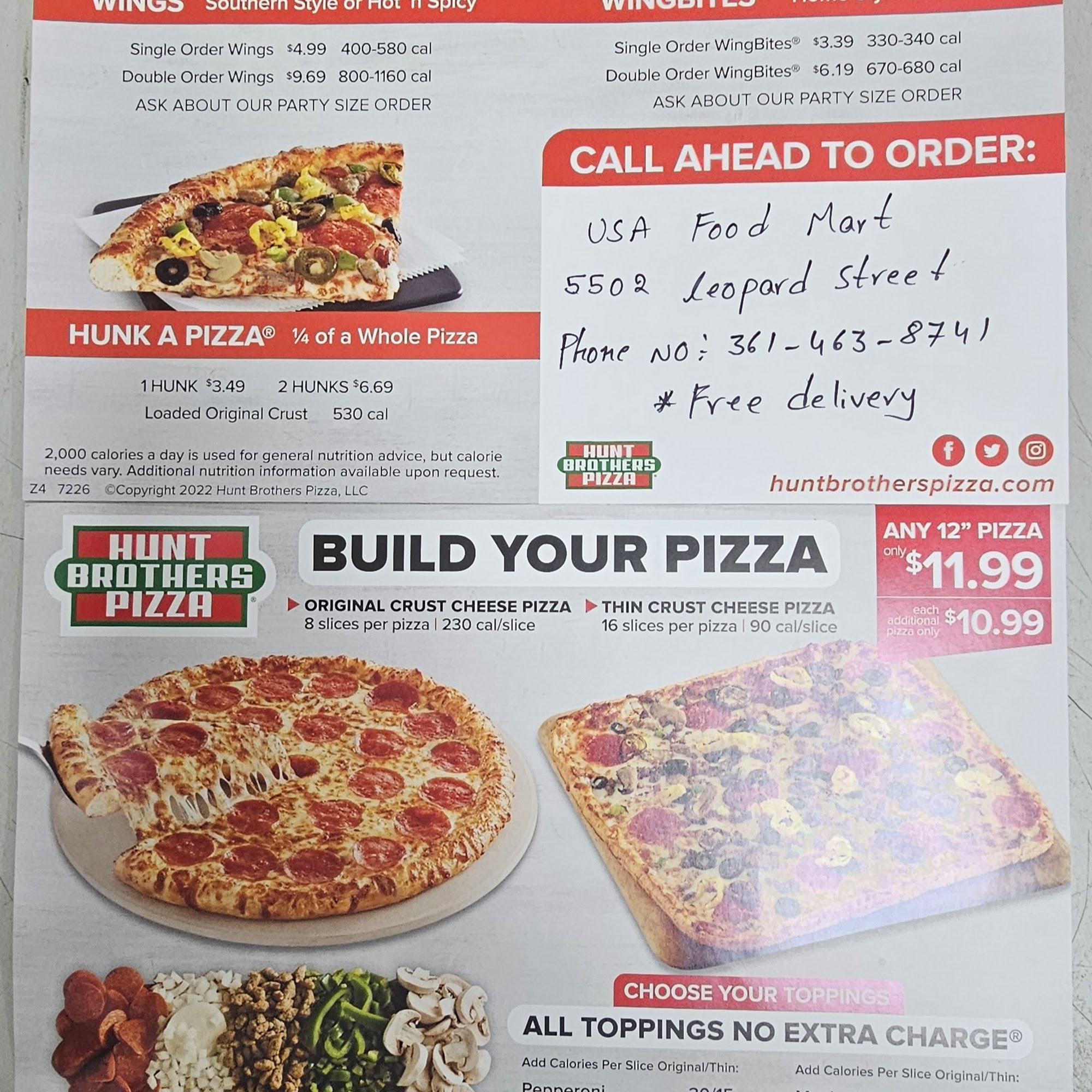 Hunt Brothers pizza Menu