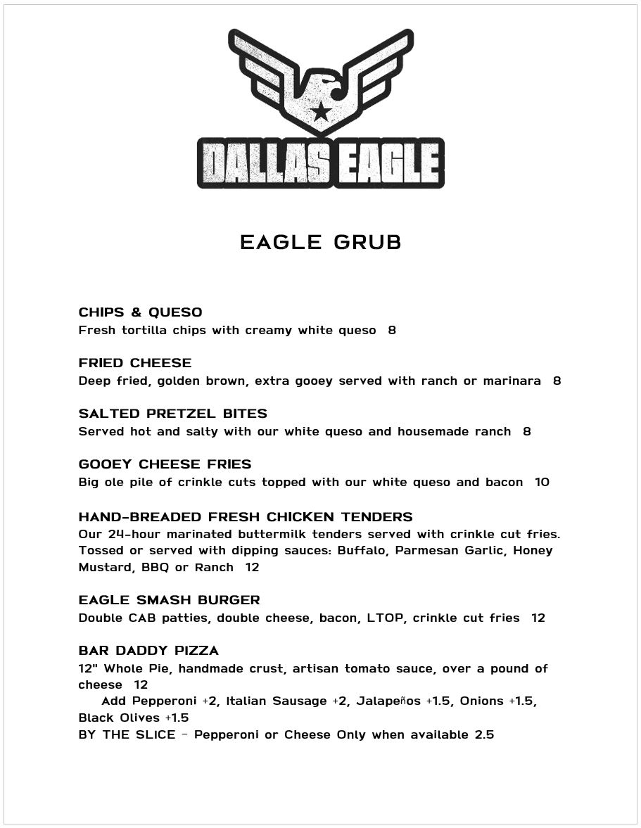 Dallas Eagle Menu