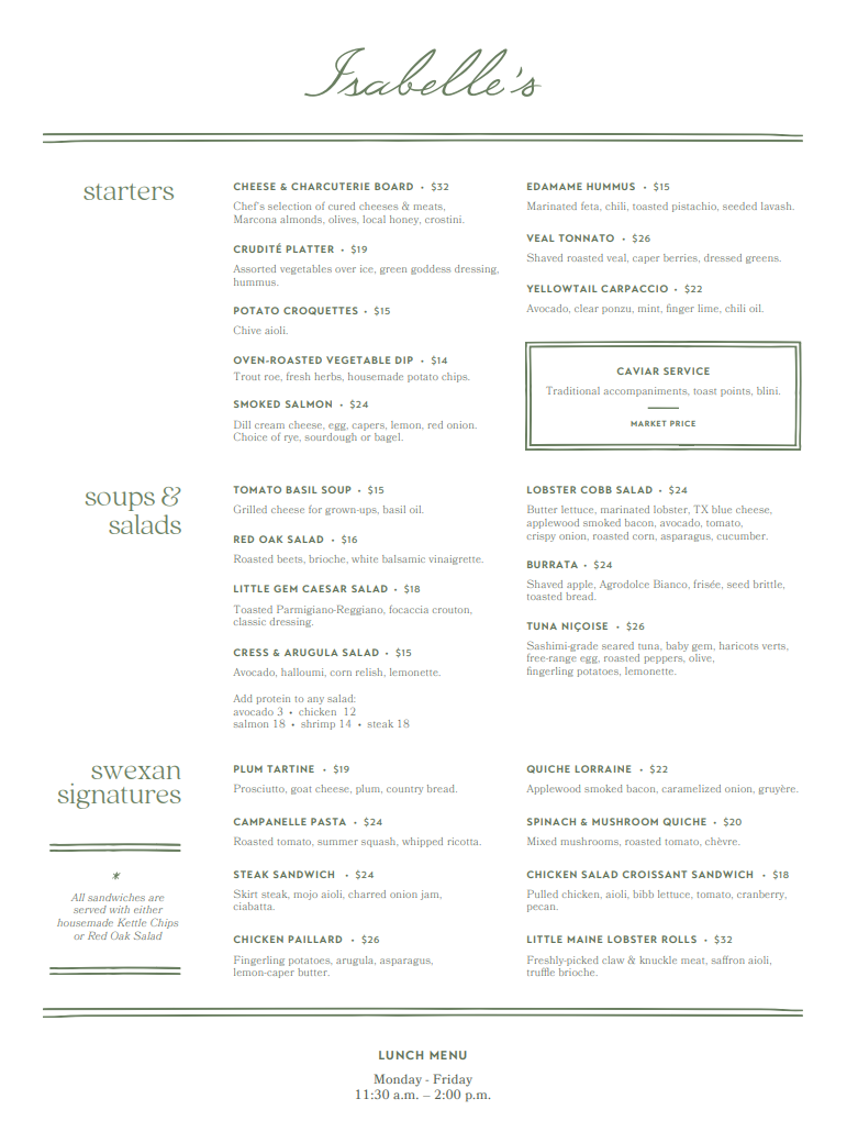 Isabelle’s Menu