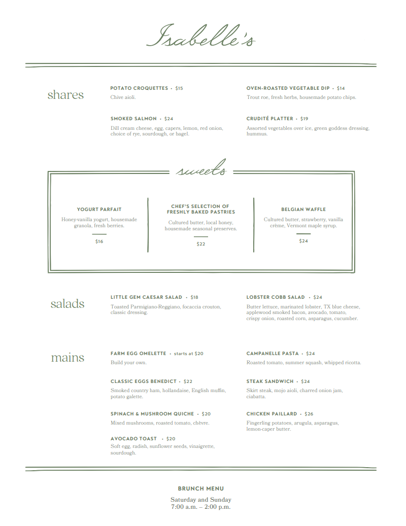 Isabelle’s Menu