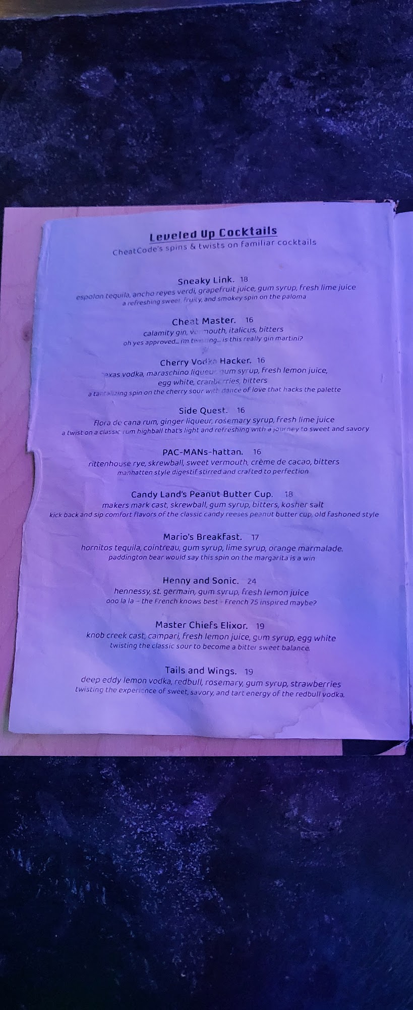 Cheat Code Lounge Menu
