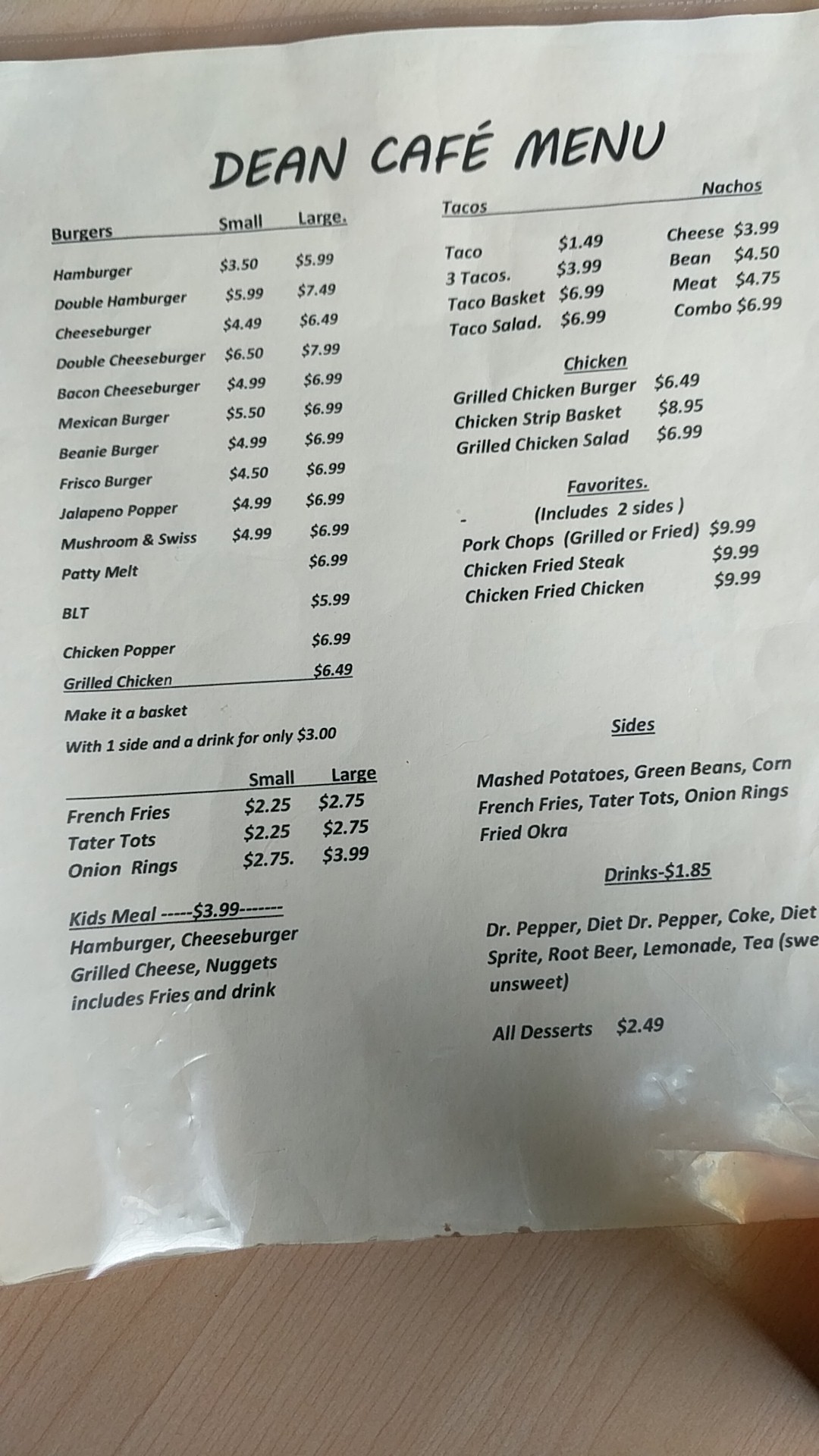 Dean Cafe Menu