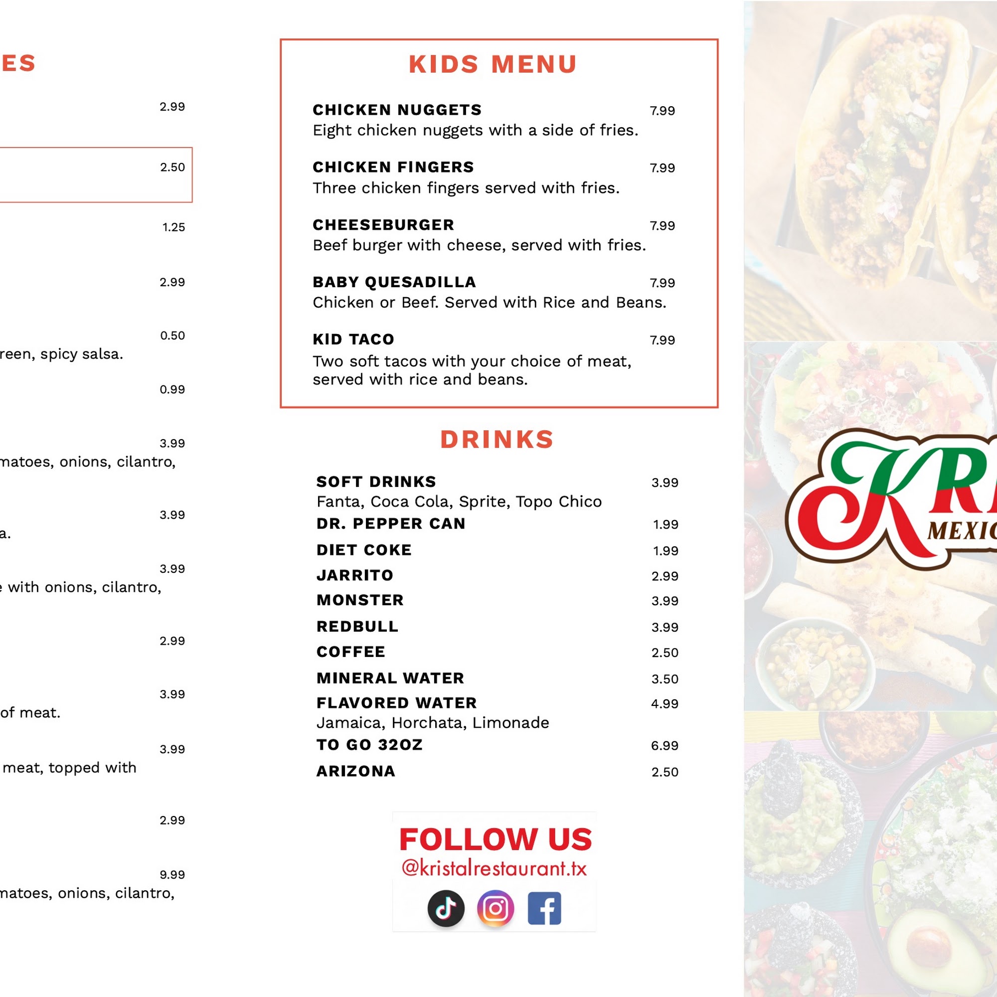 Kristal Mexican Restaurant Menu