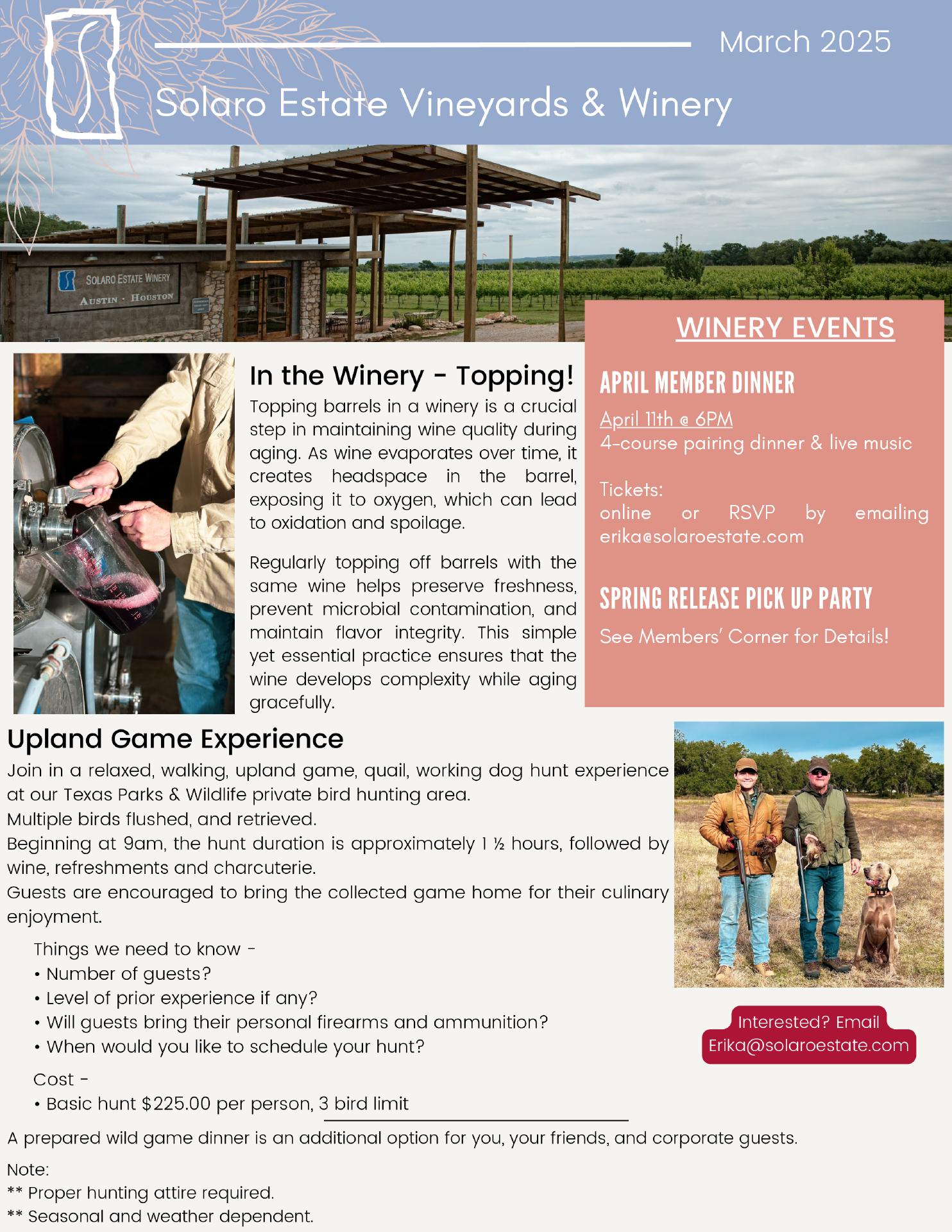 Solaro Estate Winery Menu