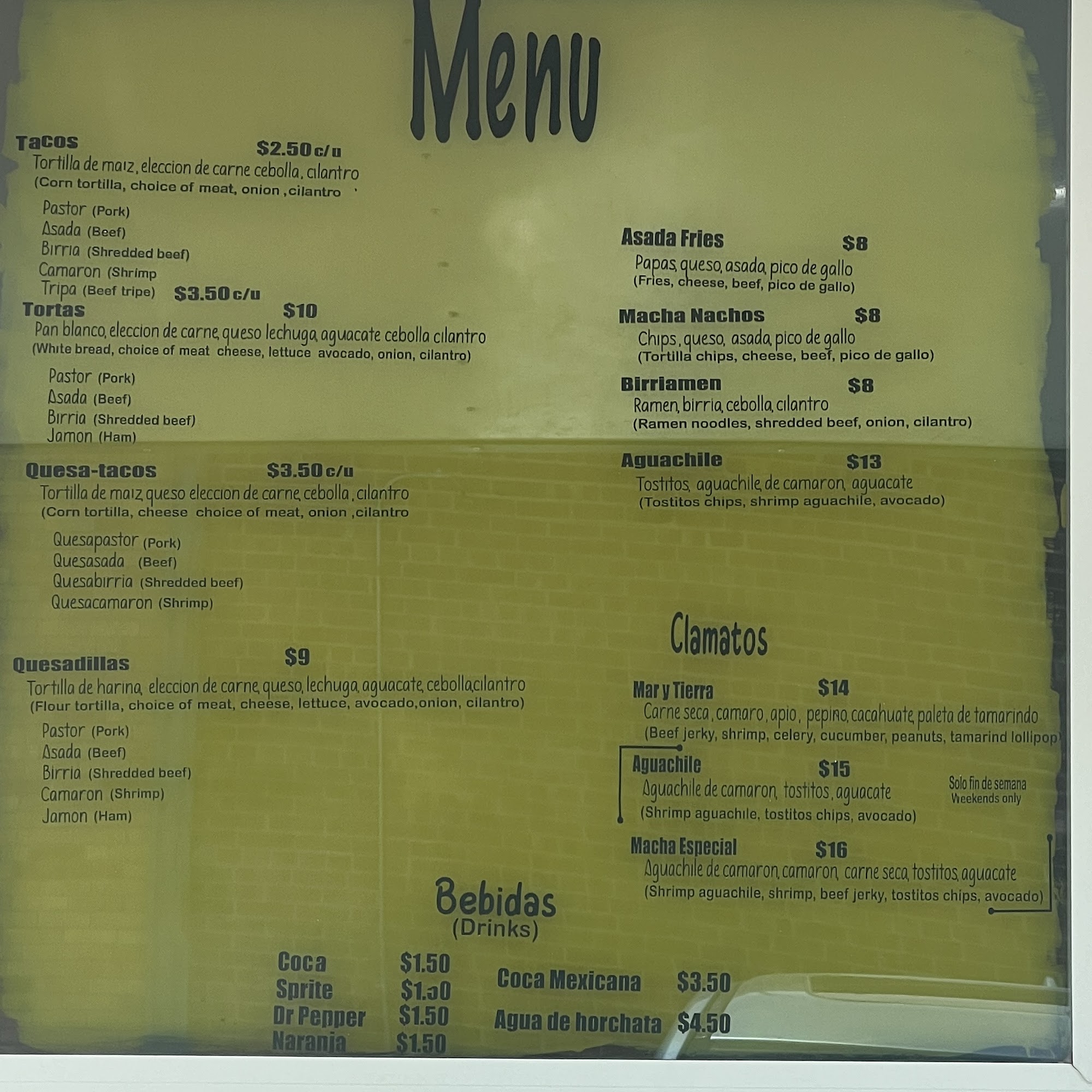 Macha tacos y clamatos Menu