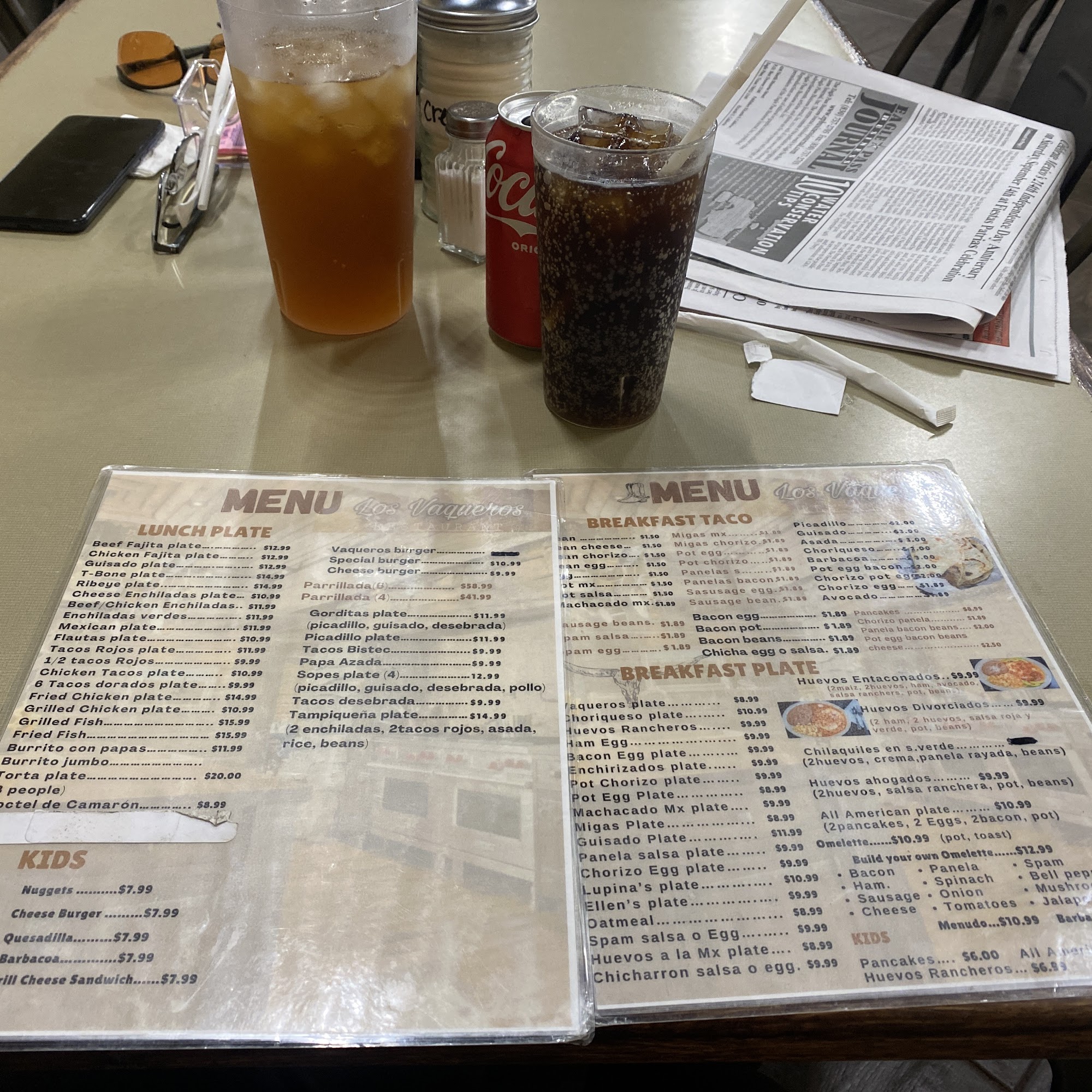 Los Vaqueros Restaurant Menu