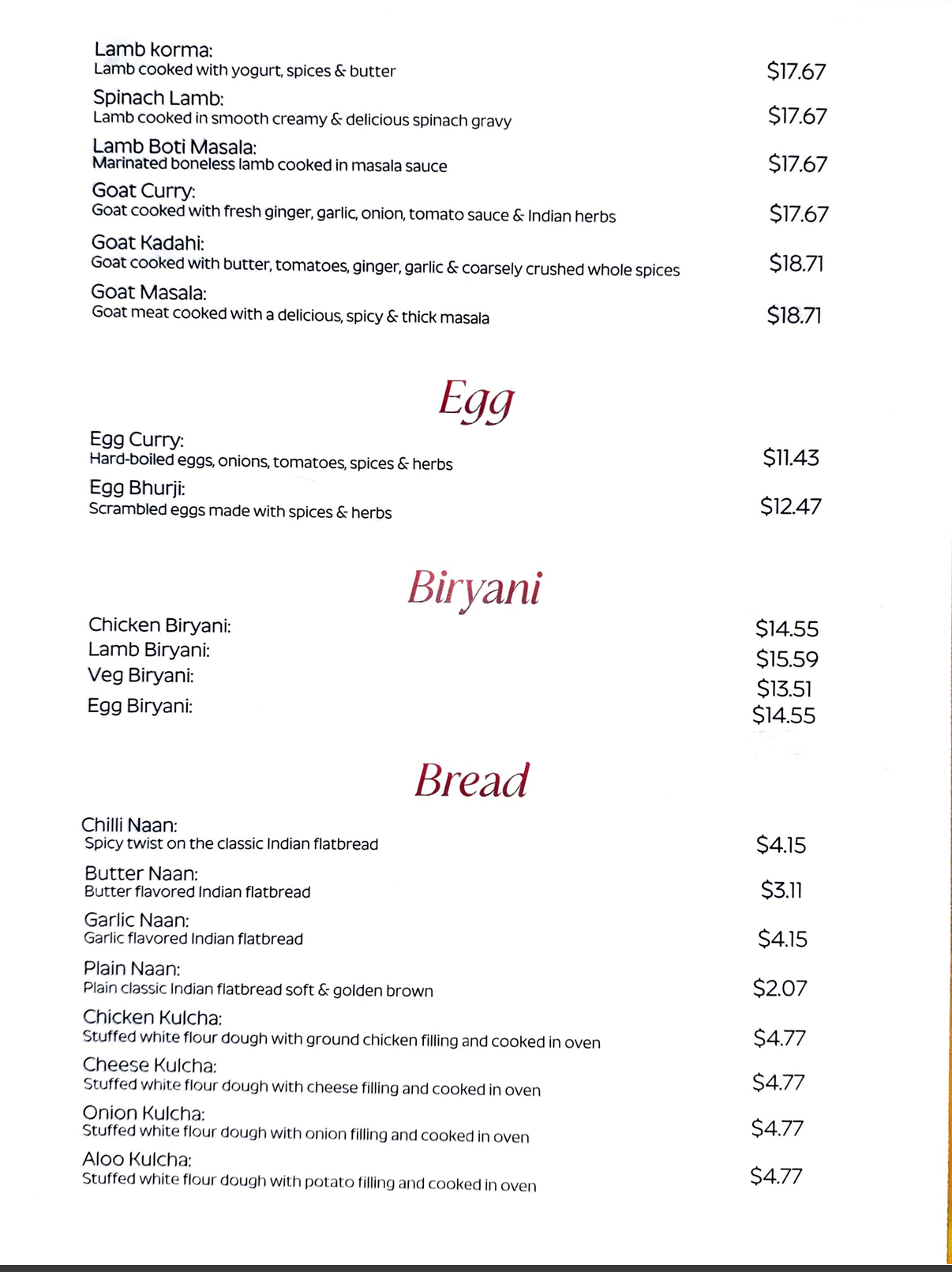 Tandoor and Curry Menu