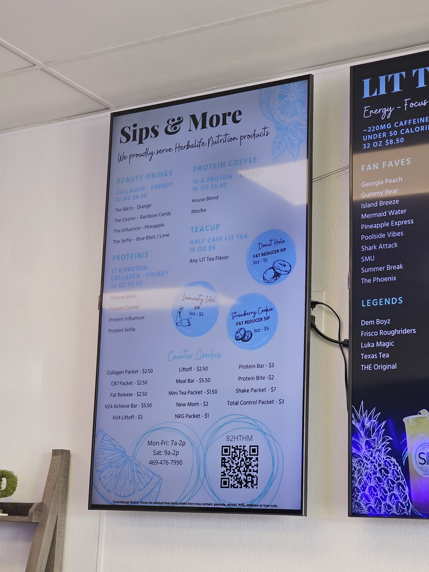 Sip Nutrition and Energy Menu