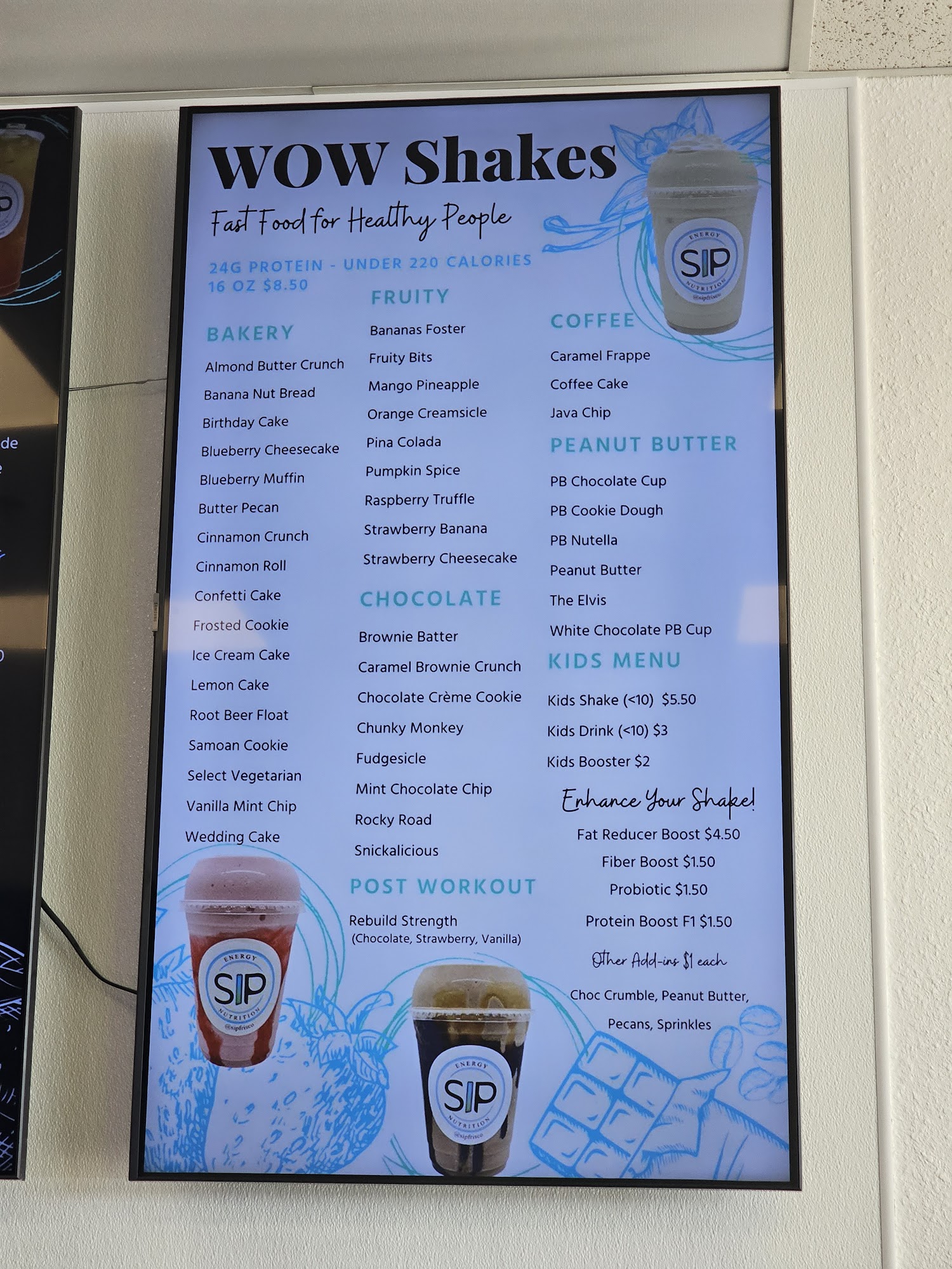 Sip Nutrition and Energy Menu