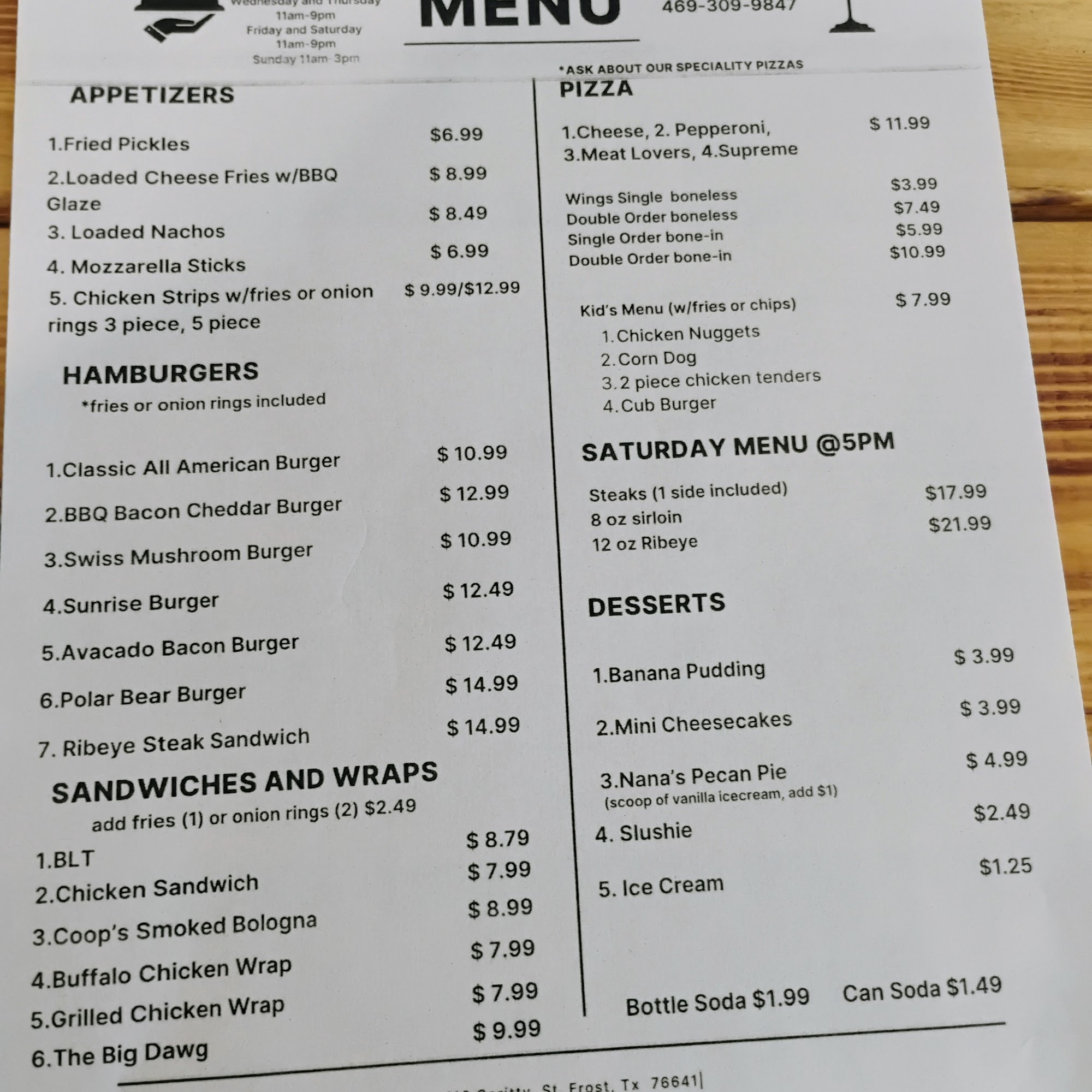 Main Street Grill Menu