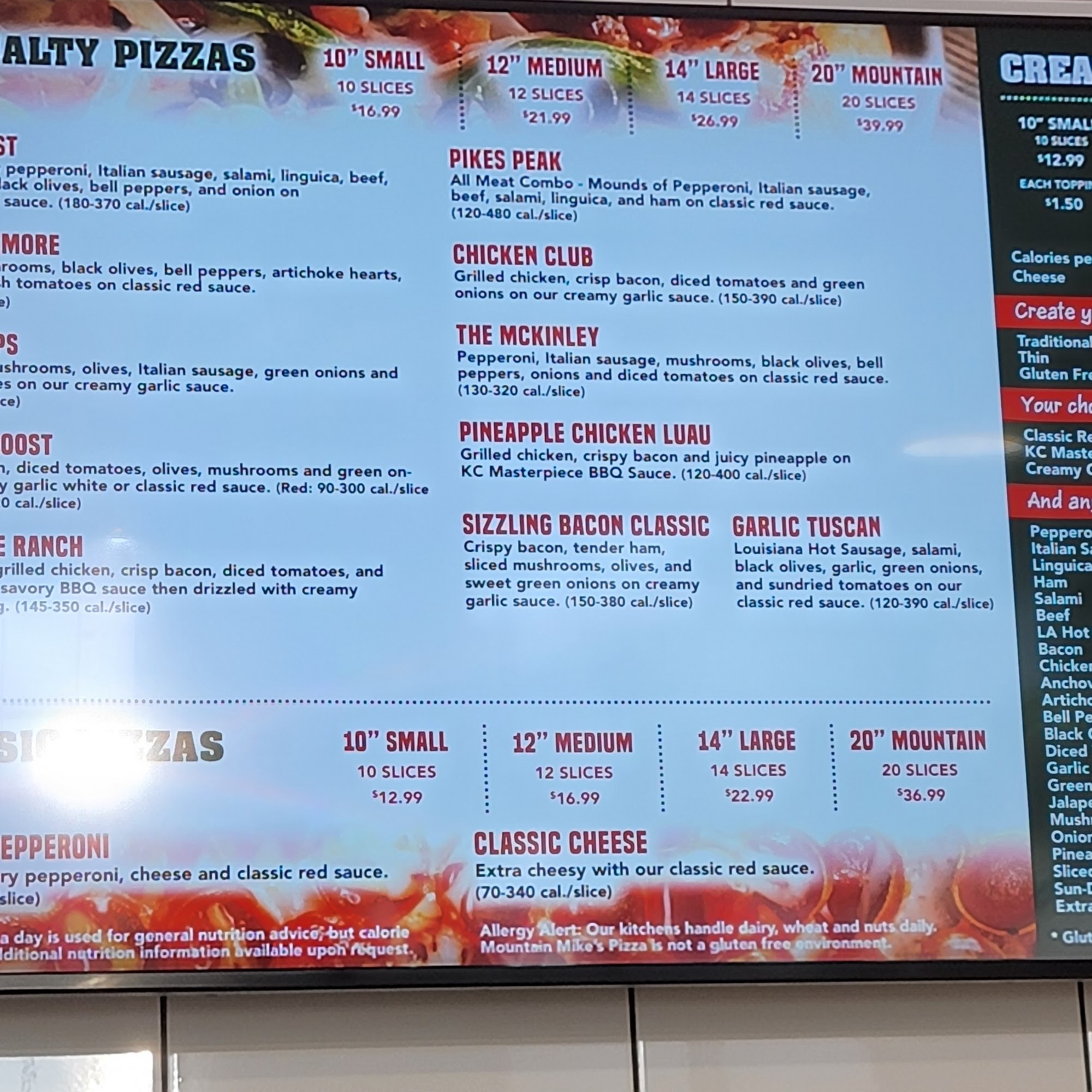 Mountain Mike's Pizza Menu